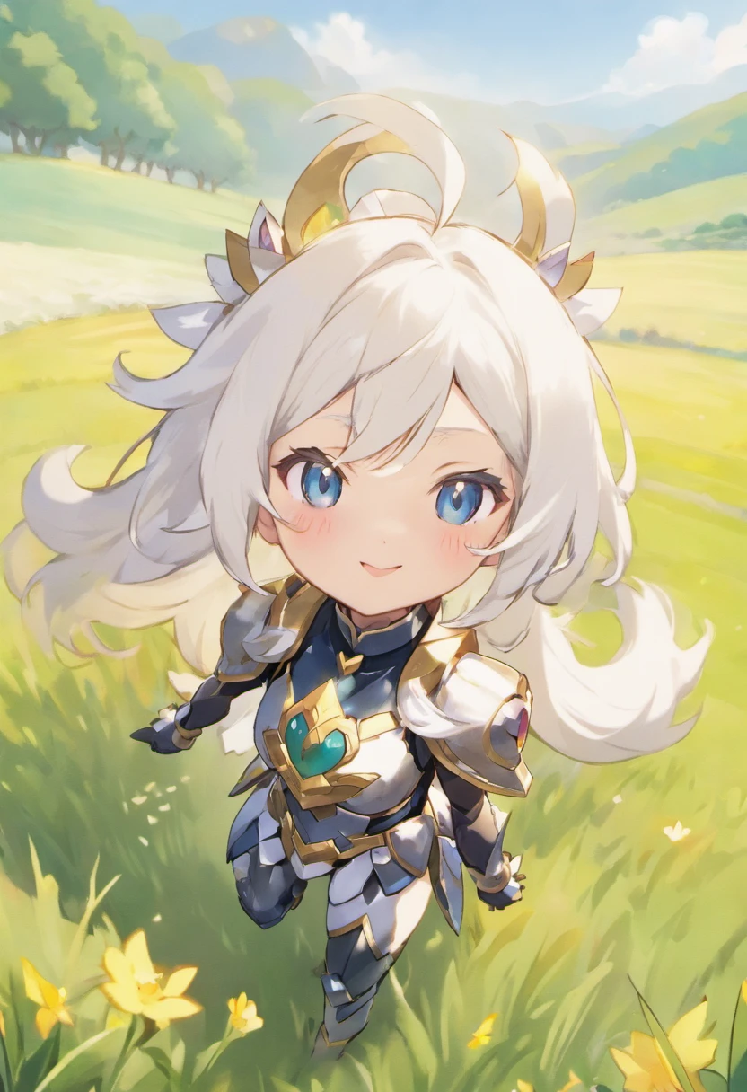 Ayaka, o Cavaleiro Solene com um Rabo de Cavalo, wearing glasses and white hair, is in the middle of a field background, adicionando um toque de Knight Armor(0.7) ao seu charme. She has a medium chest and an inviting smile with her hair accessories