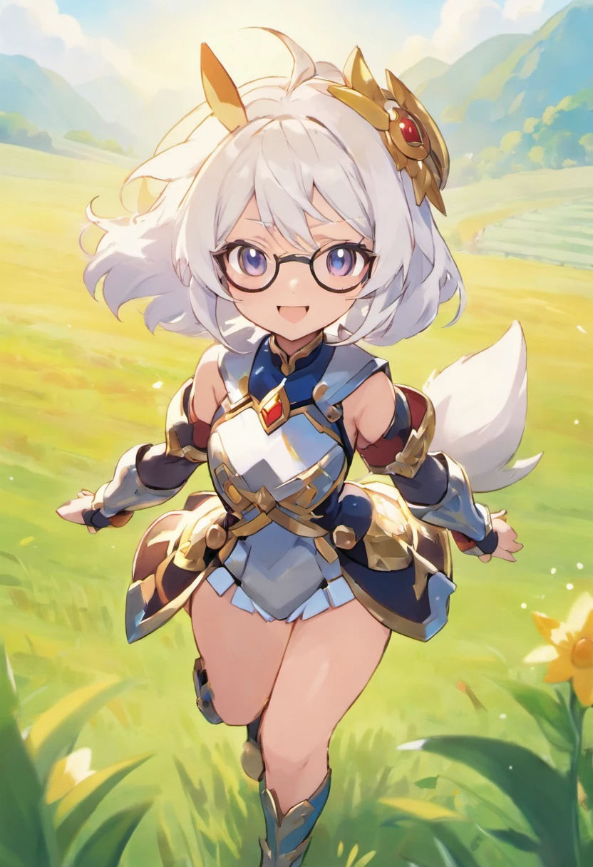 Ayaka, o Cavaleiro Solene com um Rabo de Cavalo, wearing glasses and white hair, is in the middle of a field background, adicionando um toque de Knight Armor(0.7) ao seu charme. She has a medium chest and an inviting smile with her hair accessories