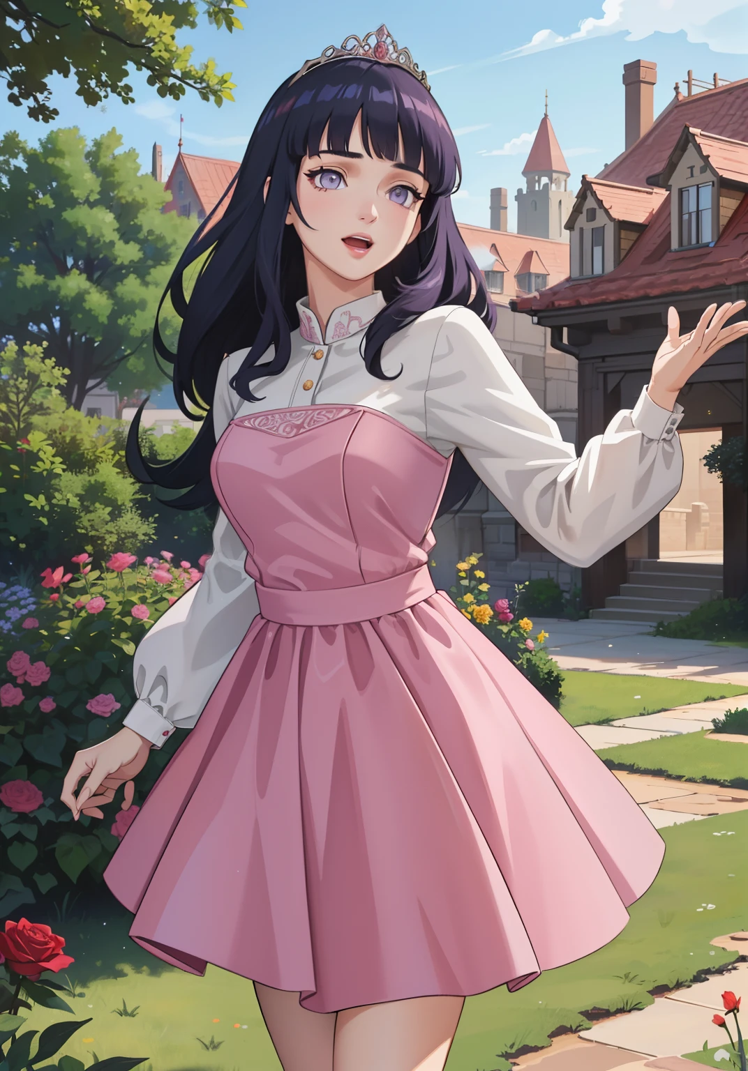 (auroraWaifu:1), surprised, beautiful pose, looking at the viewer, thick thighs, (long pink dress:1.2), (medium hair, tiara) :D, curvy, (holding a red rose:1),

(realistic: 1.2), (realism), (masterpiece: 1.2), (best quality), (ultra detailed), (8k, 4k, intricate), (full-body-shot: 1), (Cowboy-shot: 1.2), (85mm), light particles, lighting, (highly detailed: 1.2), (detailed face: 1.2), (gradients), sfw, colorful, (detailed eyes: 1.2),

(detailed landscape, garden, plants, castle: 1.2), (detailed background), detailed landscape, (dynamic angle: 1.2), (dynamic pose: 1.2), (rule of third_composition: 1.3), (line of action: 1.2), wide shot, daylight, soil, Blunt Bangs, purple eyes,dark blue hair