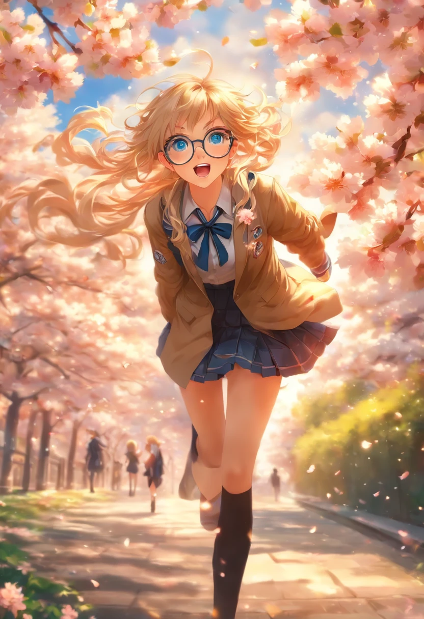 The most beautiful and gorgeous school girl, blonde hair, blue eyes, wearing glasses, wearing school uniform and knee high socks, tattoos and piercings, cherry blossoms blowing in the wind, school campus, perfect masterpiece, high quality, high resolution