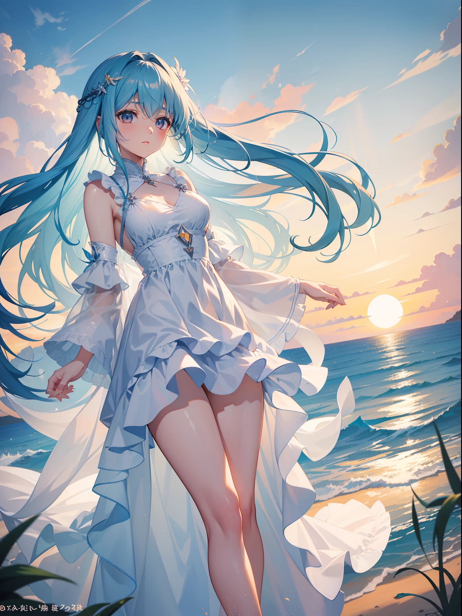 Girl with long light blue hair、Black eyes、Long dress with white ruffles.The figure illuminated by the setting sun is a god々Right!an orange、pink there、Yellow blends to fill the sky、The sunset over the beach is truly mesmerizing。The crystal clear sea gently kisses the shore、White sand beaches stretch everywhere。Seagulls soar high into the sky、It is a dynamic and breathtaking scene with palm trees gently swaying。Embrace a calm atmosphere、Peace washes you。Face Highlights