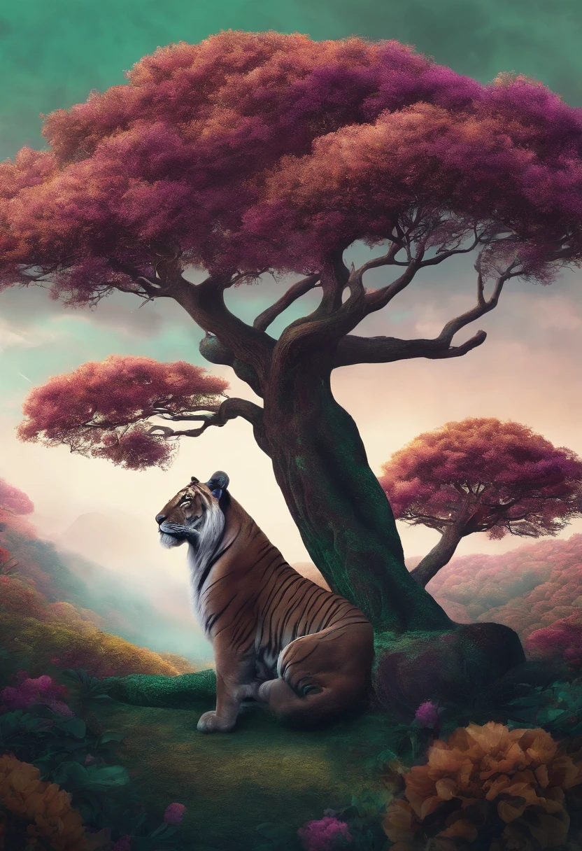 (((obra-prima))), melhor qualidade, beautiful illustration details, papel_cortar, leao, arvore, roxo, verde, arte digital