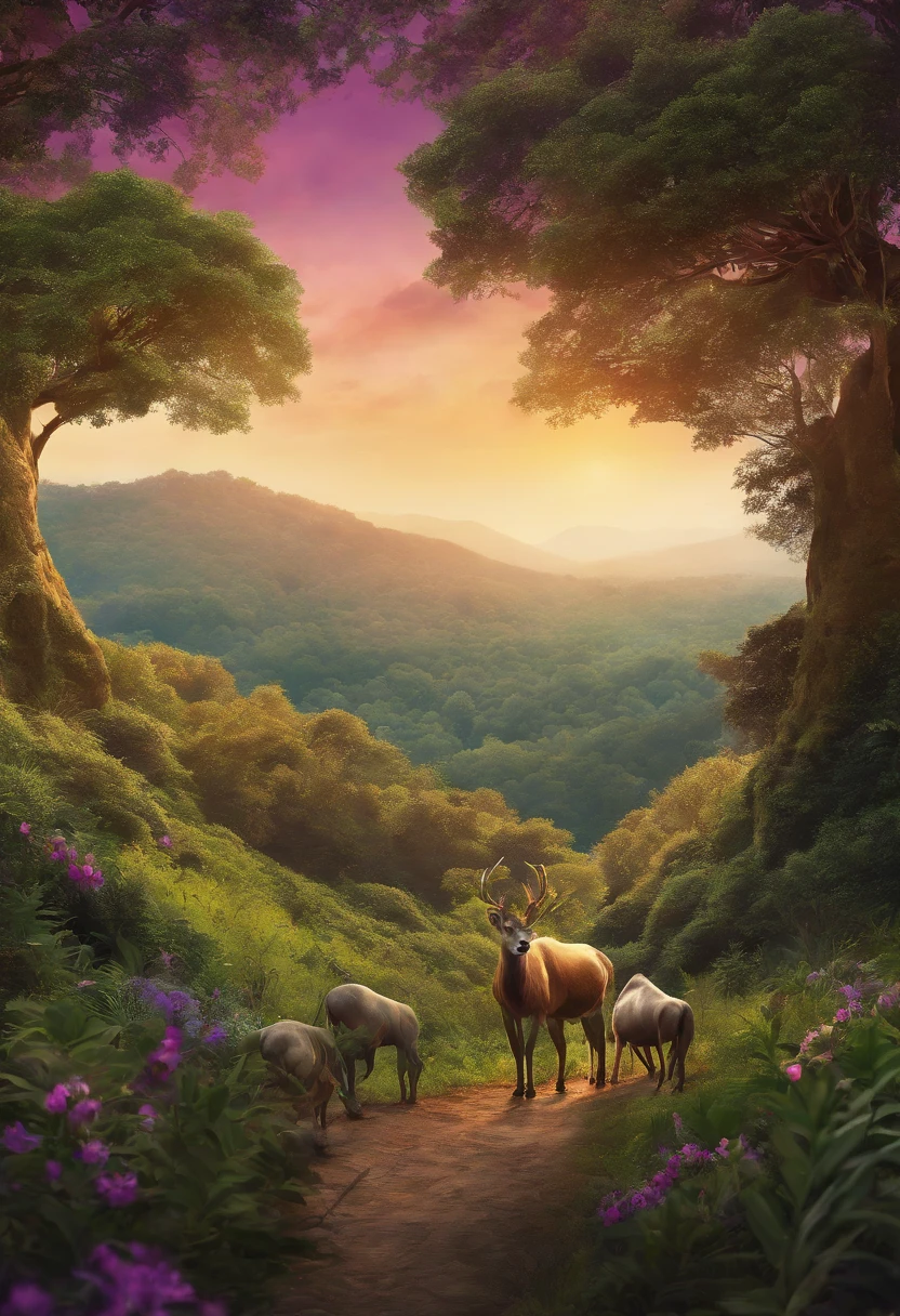 (((obra-prima))), melhor qualidade, beautiful illustration details, papel_cortar, leao, arvore, roxo, verde, arte digital