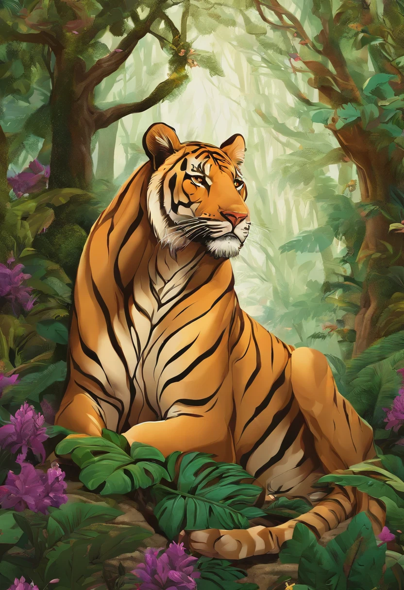 (((obra-prima))), melhor qualidade, beautiful illustration details, papel_cortar, leao, arvore, roxo, verde, arte digital