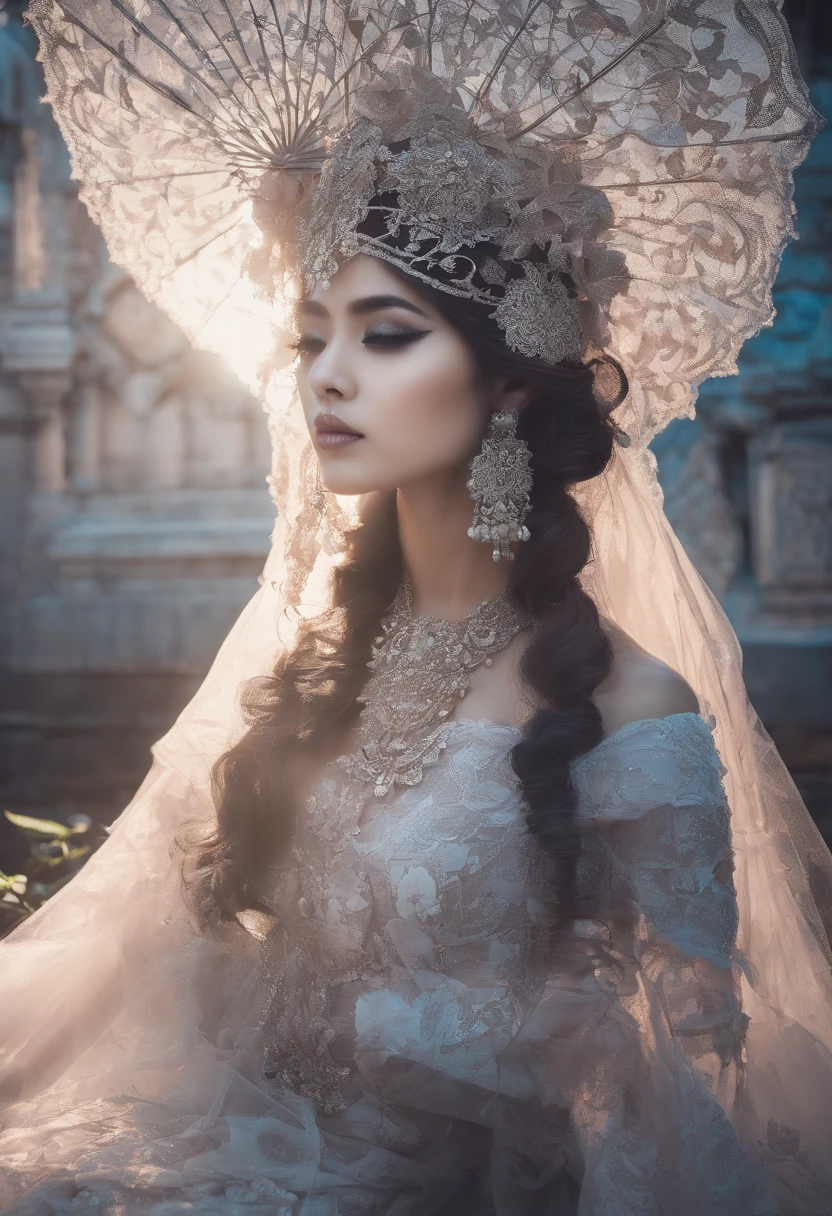 best qualtiy，tmasterpiece，hyper realisitc，超高分辨率，（realisticlying：1.4），Oriental ancient house in background，Breakage，Broken，Detal Face， 1 Oriental Girl，Redcoat，Wedding dress，Red veil，（Ghost smoke：1.2），The upper part of the body，a beauty girl，full bodyesbian，buliding，