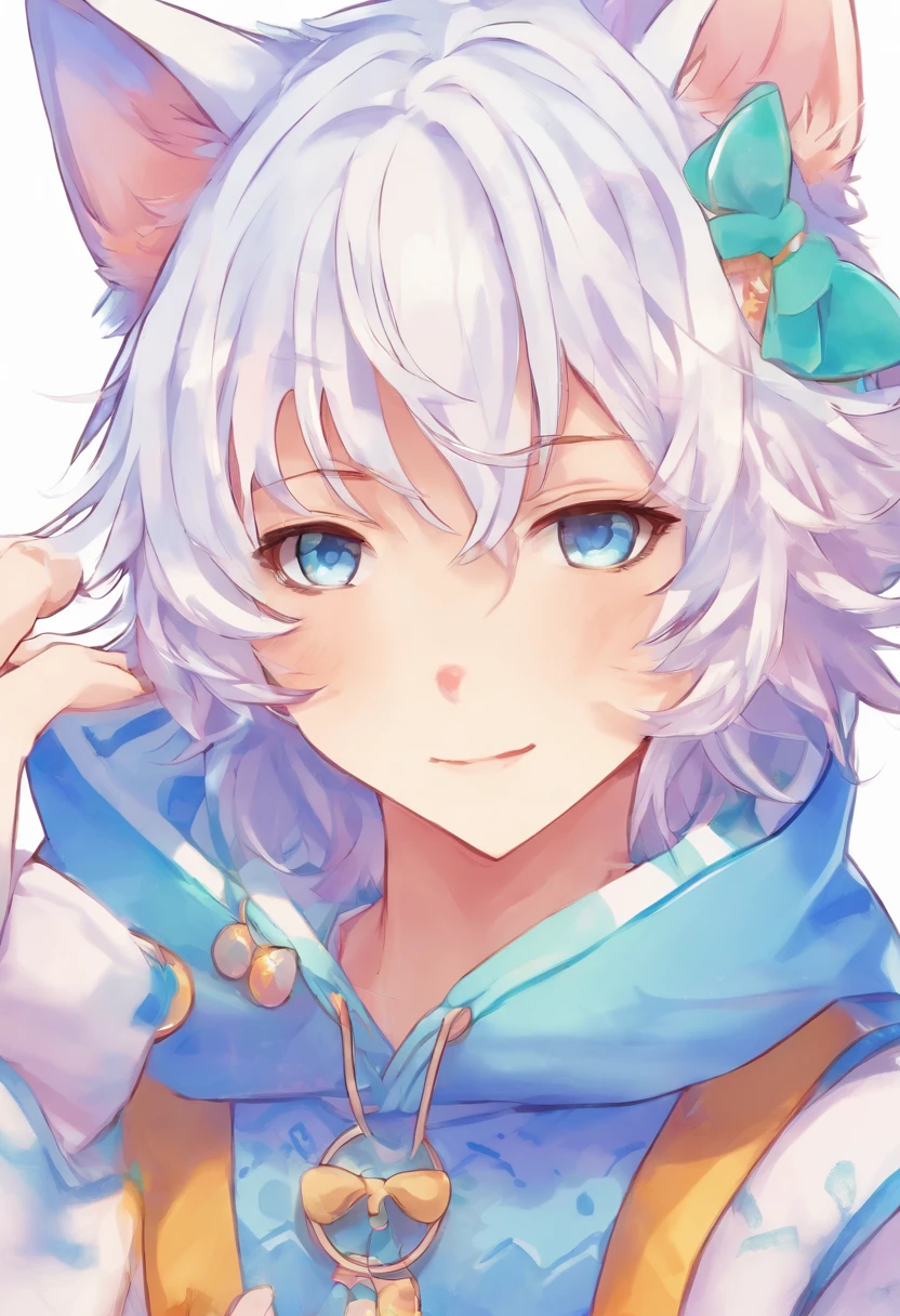 adult Male neko wearing a soft cute outfit, has bright blue eyes and long white hair