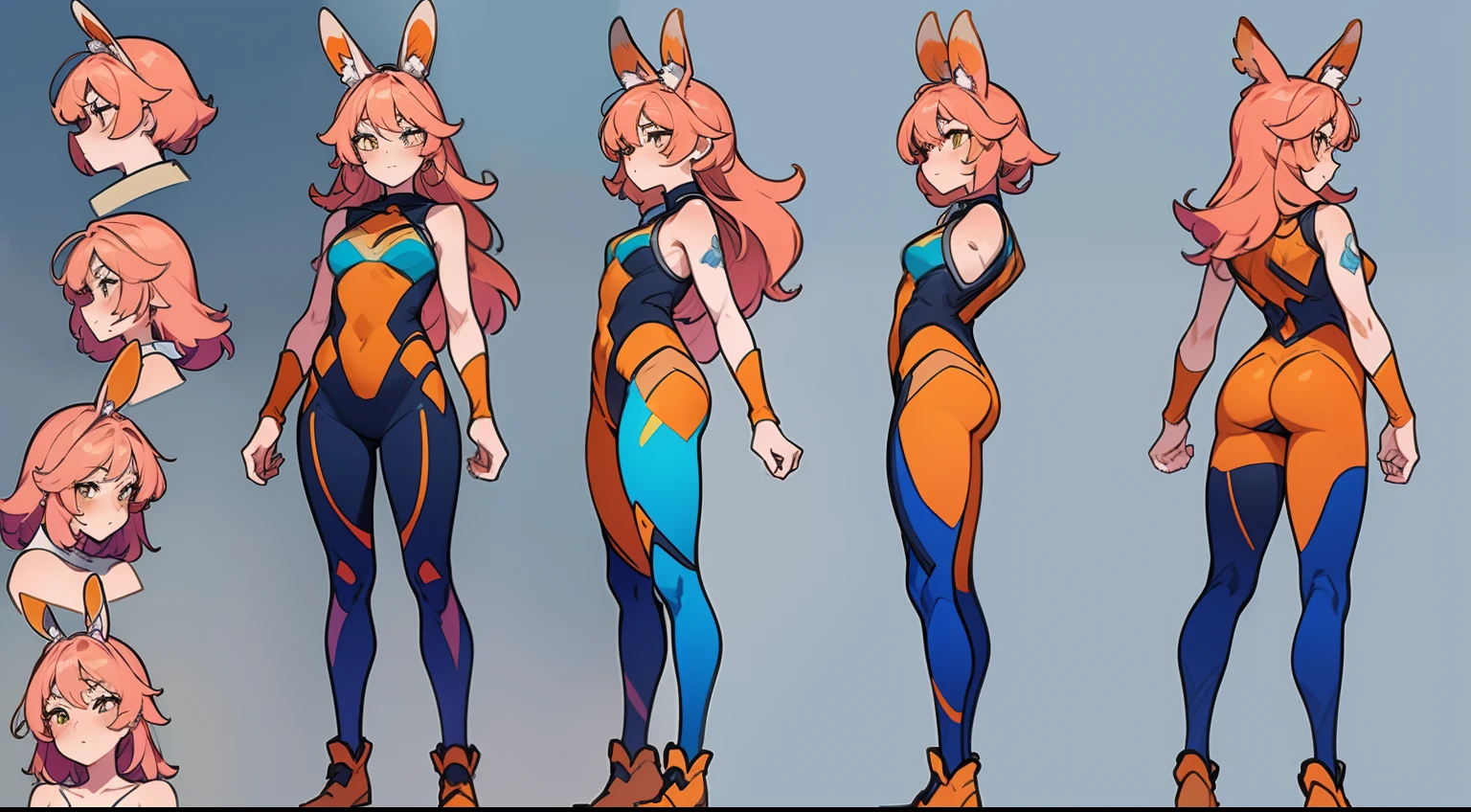 ((masterpiece)),(((best quality))),(character design sheet,same character,front,side,back), Reference sheet ((Best Quality)), ((Masterpiece)), ((Realistic)) tsuka kendou, 1woman, cute face, determined look, smile, long_legs, full_body, adult mature female ((spiky orange-pink hair,))((orange-pink mullet 1.1)), (long hair), bright cyan_eyes, (yellow_pupil,) hero, sleeveless blue_spandex_bodysuit, long orange-pink rabbit_ears, colored concept art, highly detailed character design, highly detailed face, Vivid and colorful colors, Delicate lines, tome + concept art, detailed full body concept art, full body character concept art, full body concept art, full character concept art, full body character concept, full body character design, 8 k character concept art, 8k character concept art, single character concept art, detailed character design, detailed face, detailed hair, (simple background, white background: 1.3)