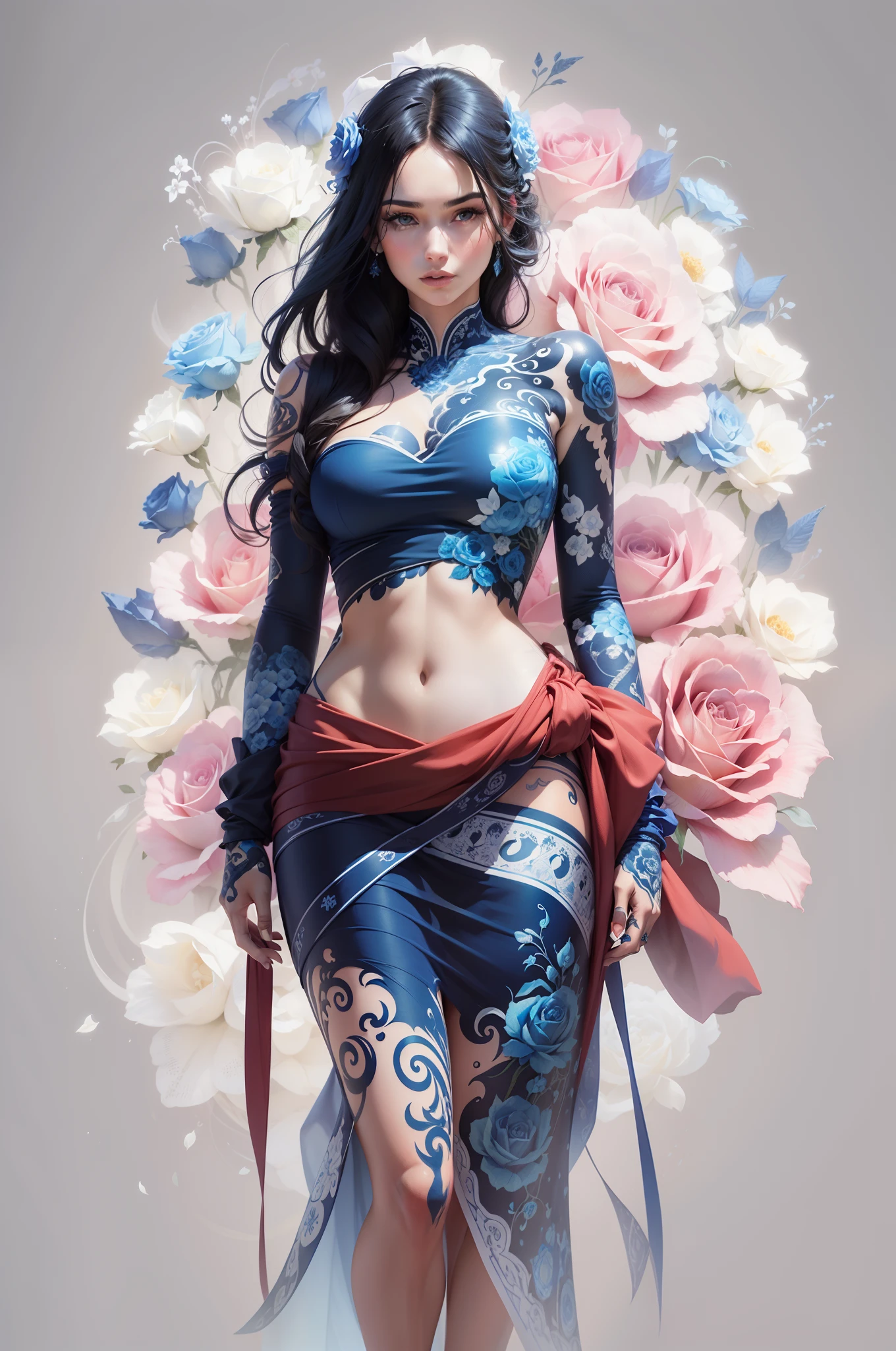 Strikingly Beautiful Woman on a sticker, straight neck, wearing a white and blue long flowing swirling gaussian dress, blue rose back tattoos, full portrait shot, looking straight at camera, facing camera, halo of blue and white roses floating above head, long shot, sticker, poster art, blue and white ink, ink drawing, blue ink, 8k resolution, photorealistic, hyperdetailed, blue-white background blue rose tattoos on arms and shoulders, clean line art, fine dark line