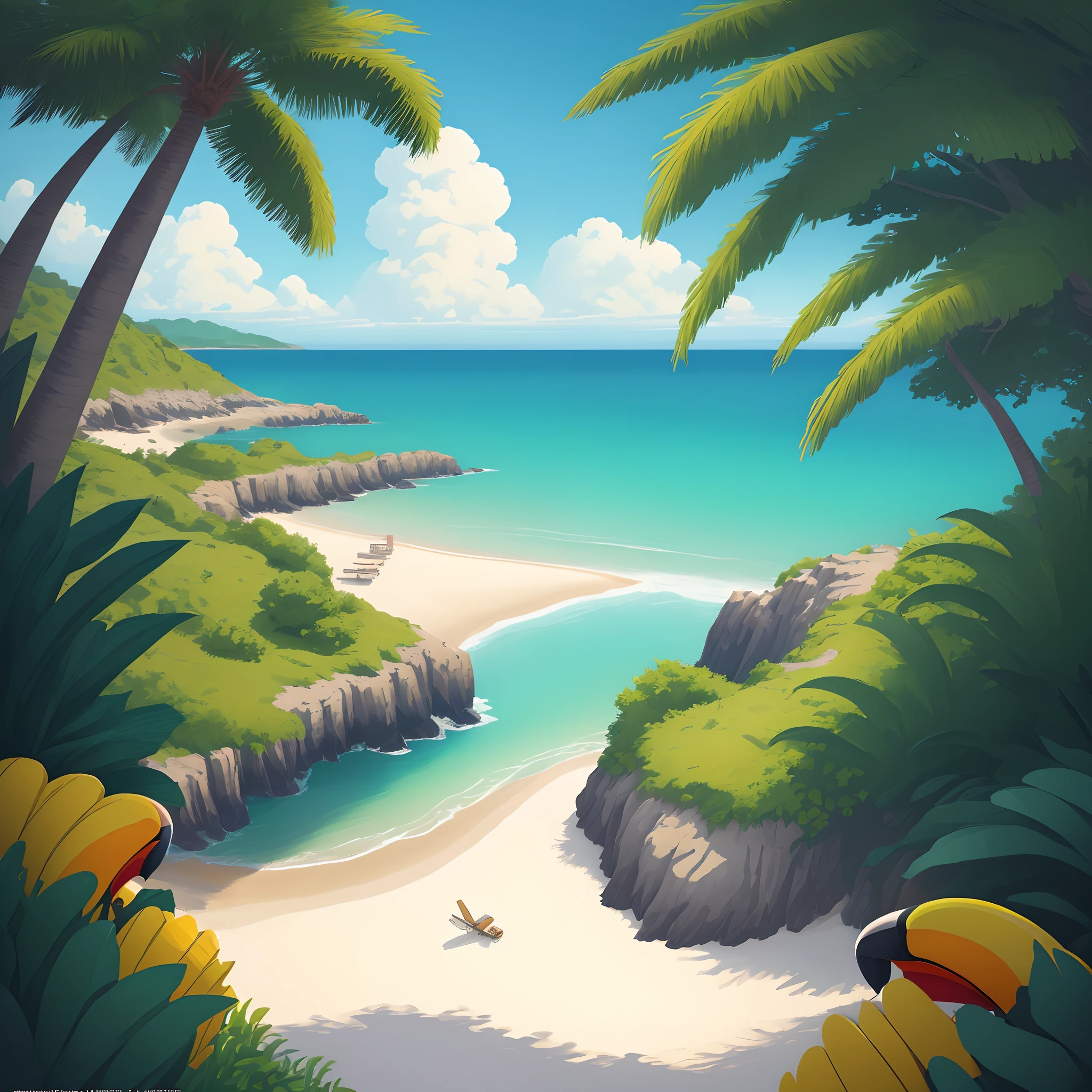 Beach in the summer landscape, T-Screen Design, Midway, Vector art, Hydro74, toucans