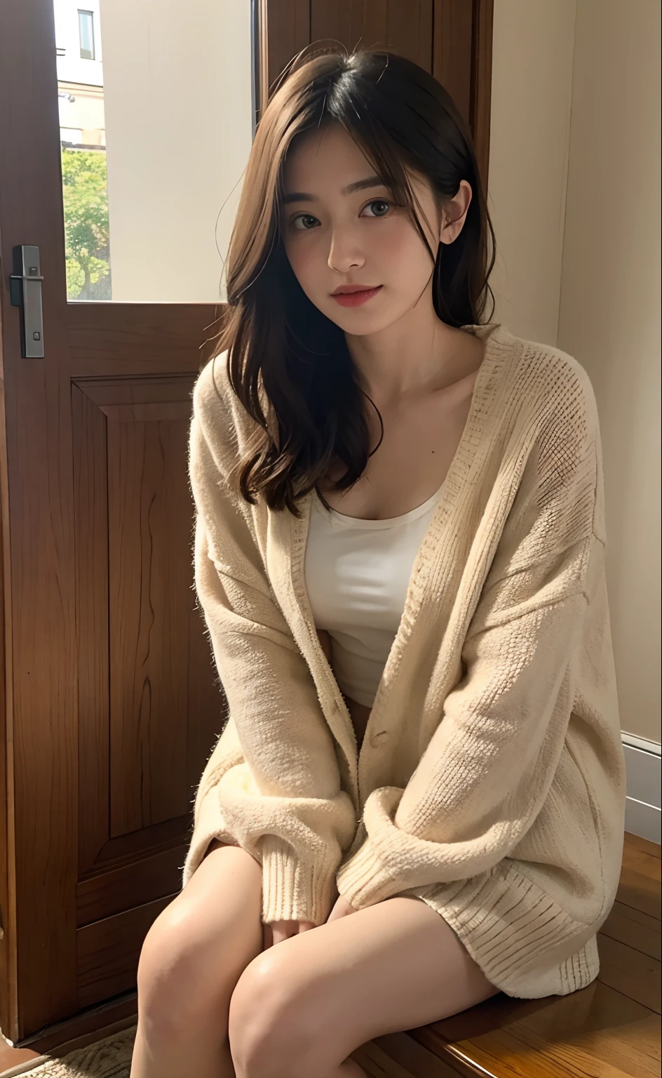 ((Top Quality, 8k, Masterpiece: 1.3)), 1 girl, Beautiful woman with plump abs: 1.3, Full body, (Long hair, big: 1.2), T-shirt: 1.2, Super delicate face, Delicate eyes, Double eyelids, Smile, Sea, Cardigan