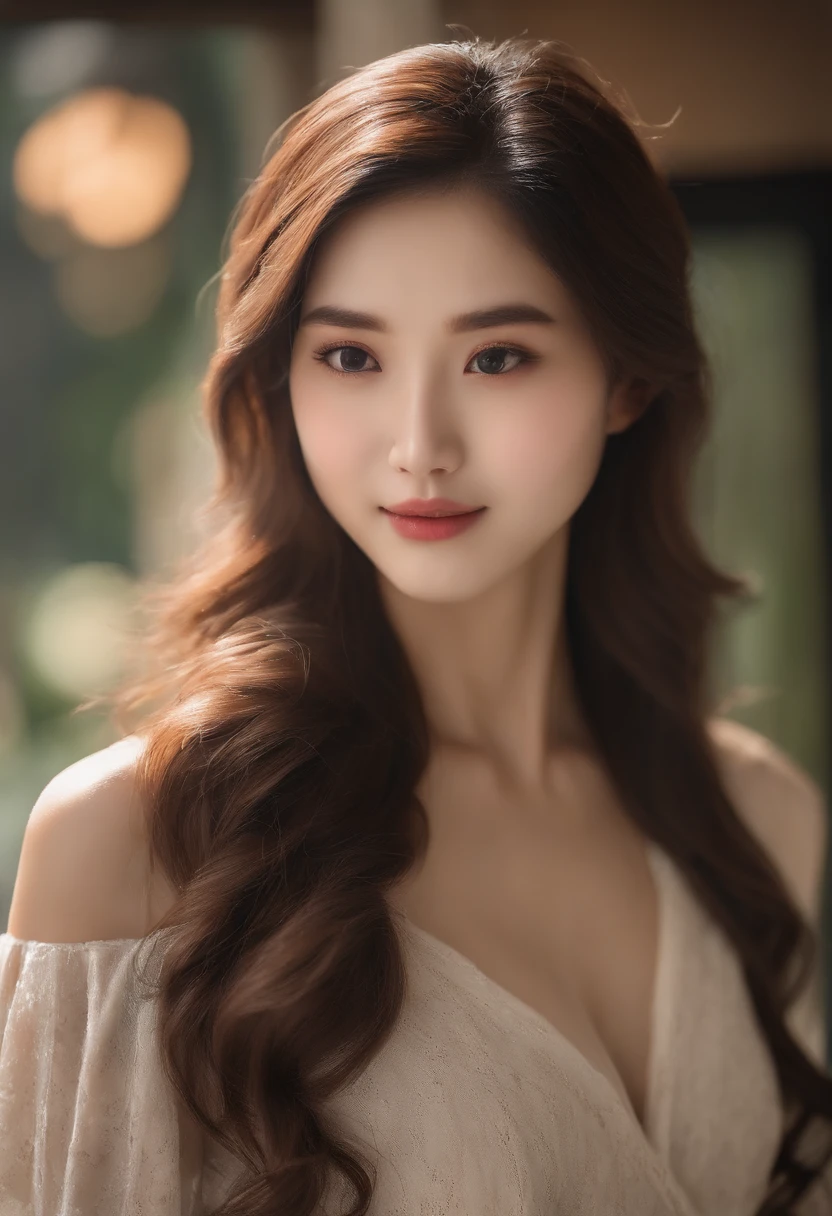 (1girl, Photo of very very cute girl, Korean woman, female ), (detailed face:1.2),Best quality, masterpiece, ultra high res, (photorealistic:1.2), 16k,solo,highest quality, original, highres, ultra realistic 16k, perfect female figure, realistic, slim beauty: 1.4, (brown hair, Medium breasts), (super beautiful face, beautiful, cute), delicate eyes,right smile, fair skin, (natural makeup),( breast cleavage, simple shirt)