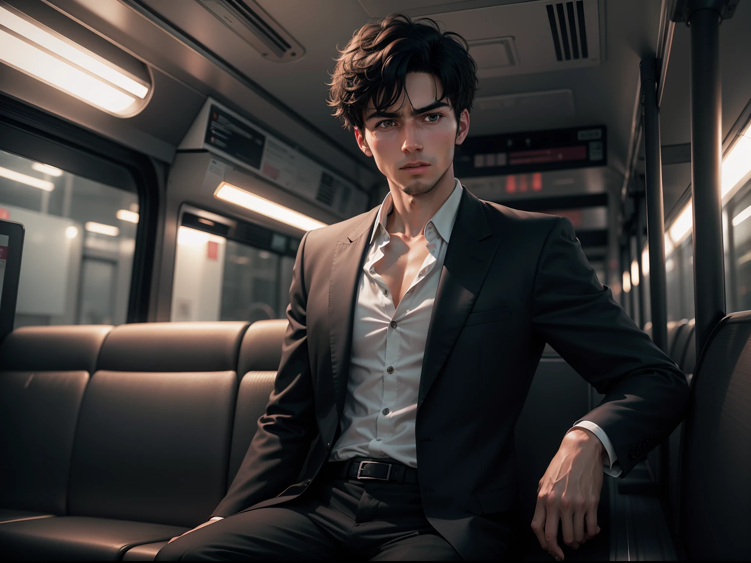 Realistic 8k image of a 25-year-old man, short black hair, wearing a black blazer with a white blouse underneath, expression of horror, sitting on a bus bench, night scene