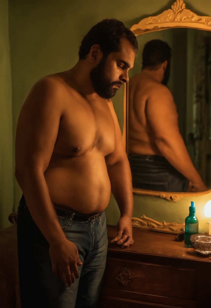 Fat shirtless Brazilian man in front of mirror with sad appearance in a room Daytime lighting, sombras detalhadas, HDR, Fotoreal, arte digital, bem iluminado