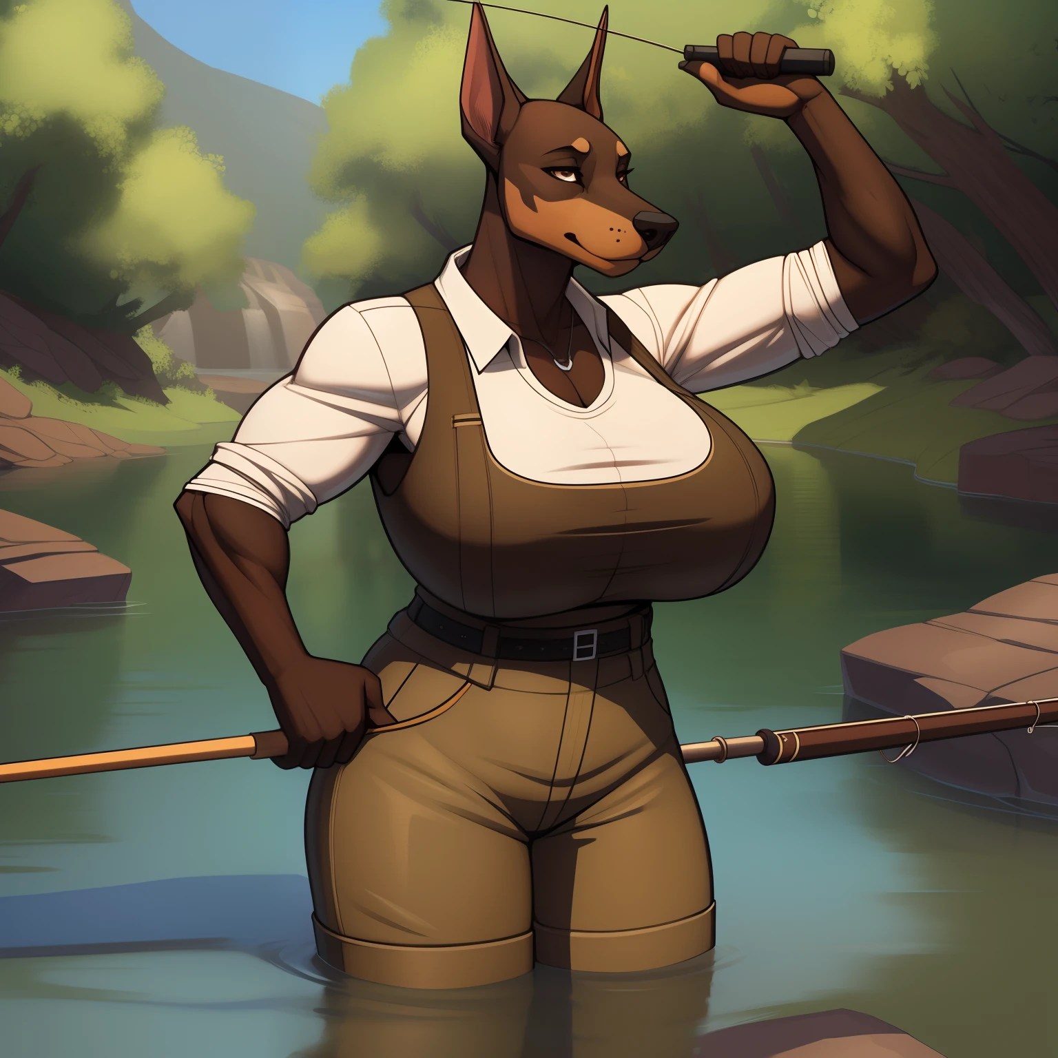 Very_muscular_mature_doberman female dark_brown_two-tone_furry_body brown_eyes milf river fishing_rod t-shirt fishing_vest waders wife solo Masterpiece best_quality absurdres highly_detailed cleanly_drawn_eyes anthro_only large_breasts by_claweddrip, by_greasymojo, by_underscore-b, by_runawaystride