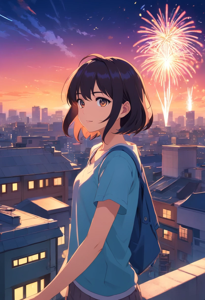 1 girl in、student clothes、On the roof of a building、natta、fireworks at background, Streetwear Design, Professional vector image, perfect design, Only 6 colors, solidcolor, No shadows, perfect design, Warm colors, label, bright colour、Short black hair、ssmile、