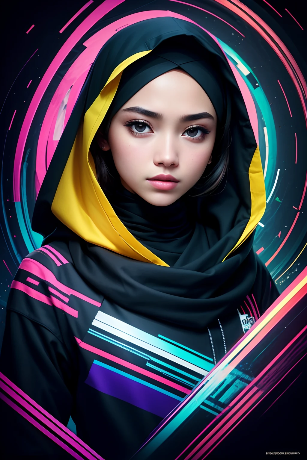 (front focus),(in the dark:1.6),
(masterpiece, top quality, best, official art, beautiful and aesthetic:1.2),(masterpiece, top quality, best quality, official art, beautiful and aesthetic:1.2),(masterpiece, top quality, best quality, official art, beautiful and aesthetic:1.2), 1 malay girl in hijab, glitch art, (digital distortion), pixelated fragments, data corruption,colorful noise, visual chaos,contemporary aesthetics