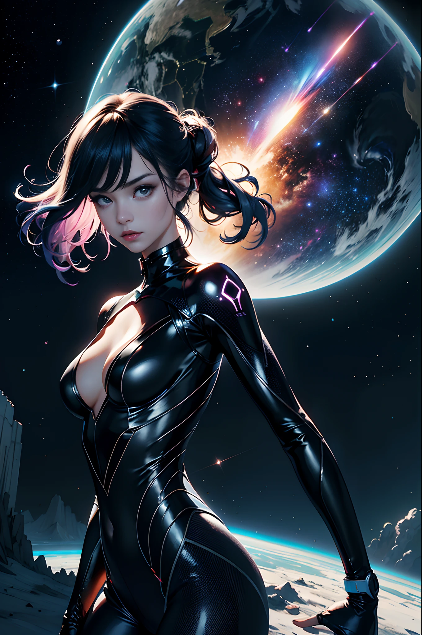 (tmasterpiece:1.2),best qualtiy,(nigh sky,medium lenght hair:1.2),(illustratio:1.2),lindo cenario,dreads,(Elaborate luminescence,lens flare glow),(Hyper-detailing),Hyper-detailing,(exquisitedetails),(complexdetails),(Movie light,Best quality backlight),清晰的线条,New world,peeping at the viewer,Solo Woman,(Space Girl,the space),Solo Woman,Perfect body,(1girll),(Bright bioluminescent hair,bright glowing eyes),(galaxias,Alien planet),(Astronaut wearing sexy futuristic fitted spacesuit:1.1),The material of the spacesuit is light and thin,Spacesuit tight,Slightly closed eyes,(cyber punk perssonage),(dyna:1.3),(putting makeup on)),hight contrast,(The best lighting,Extremely refined and beautiful),((Movie Moonlight)),Extremely colorful,((Photoshop Pastel Painting:1.1)),aethereal,(Movie Masterpiece),suspense,Funk,(Starskrim),splash of color,absolutly eye-catching,((Caustics)),dynamic angle,big breasts beautiful(detailed glow),(spine-chilling),(Intricate movie scenes behind it:1.2),Environmental occlusion, (Ambient moonshine), ray-traced reflection, intricately detailed visible background , (Glowing spacesuit), terroral, (Bioluminescent vegetation:1.2), terroral, uneasy, A futuristic, terroral, (Hologram head-up display), (Delicate Great Comet)