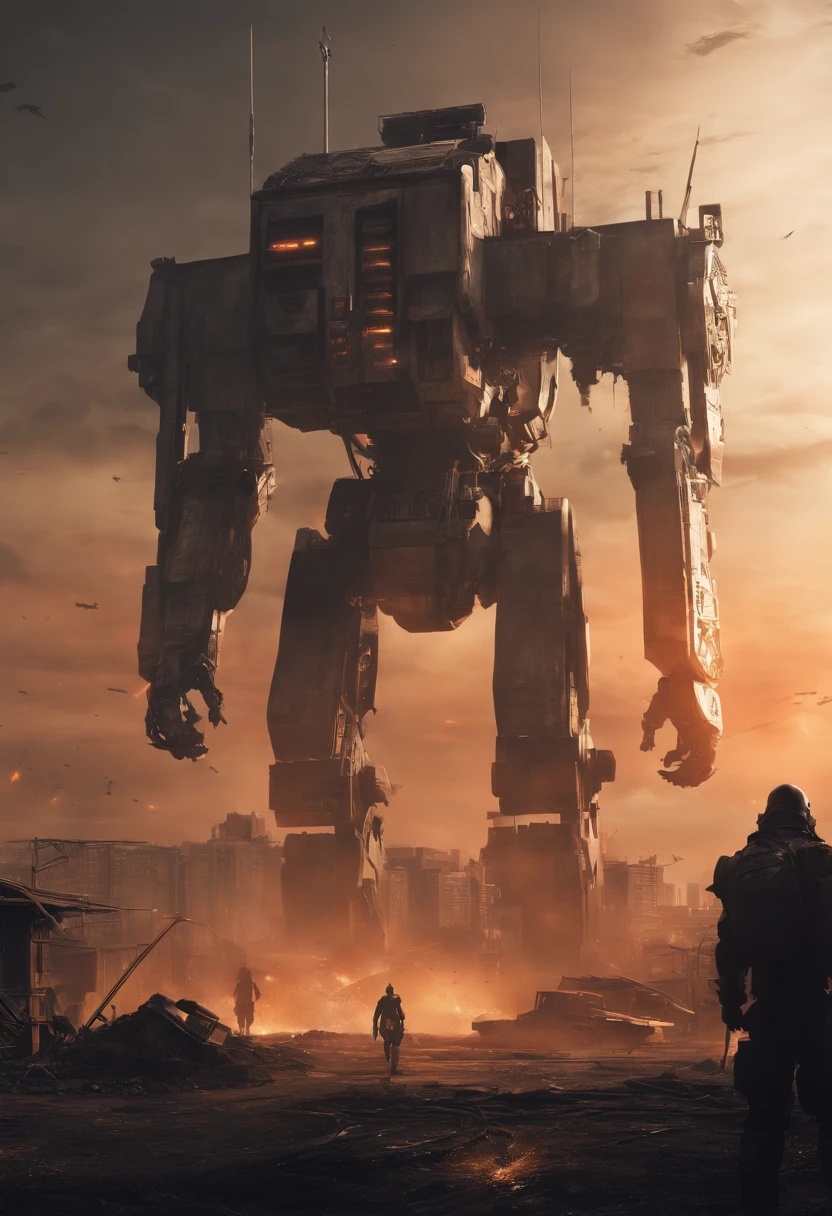 Run-down city, battlefield, 废墟, Gunsmoke fills, Broken giant robot, Orange sky, Dust, Radiance, Starry, From below, Wide shot, Cinematic lighting, Blurry, Ultra-wide angle, Best quality, 8K