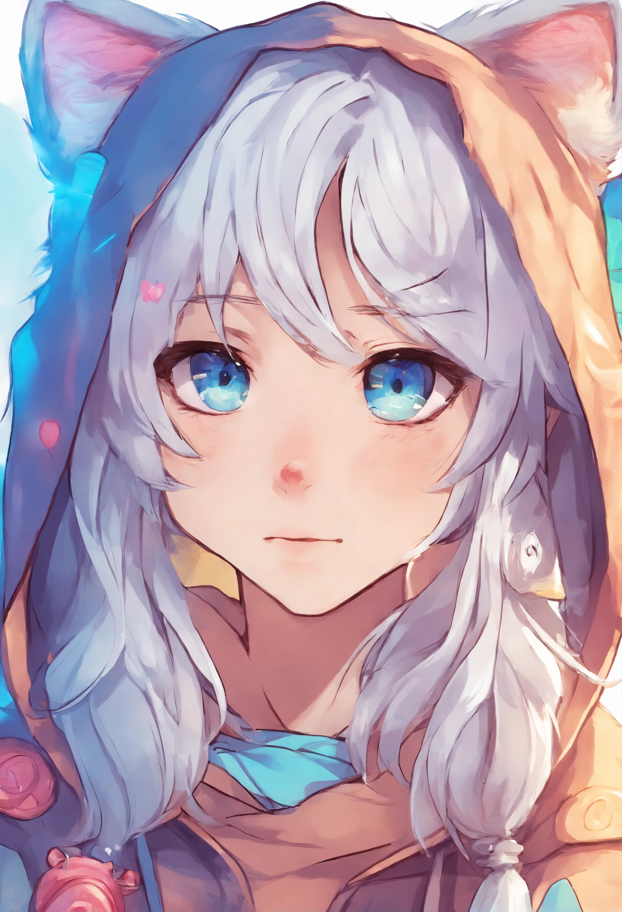 adult Male neko wearing a soft cute outfit, has bright blue eyes and long white hair, wearing black hoodie