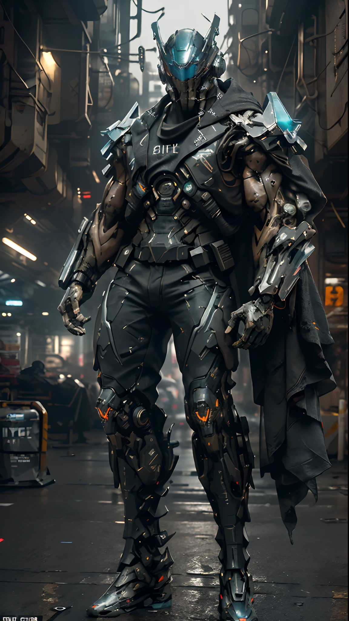 a cinematic action shot of a cyberpunk muscled special forces cyborg, helmet with holographic optics, dark dystopian science fiction aesthetic, dystopian city in background, at night, dynamic angle, cinematic lighting, highly detailed, hyperrealistic, (full body:1.2)