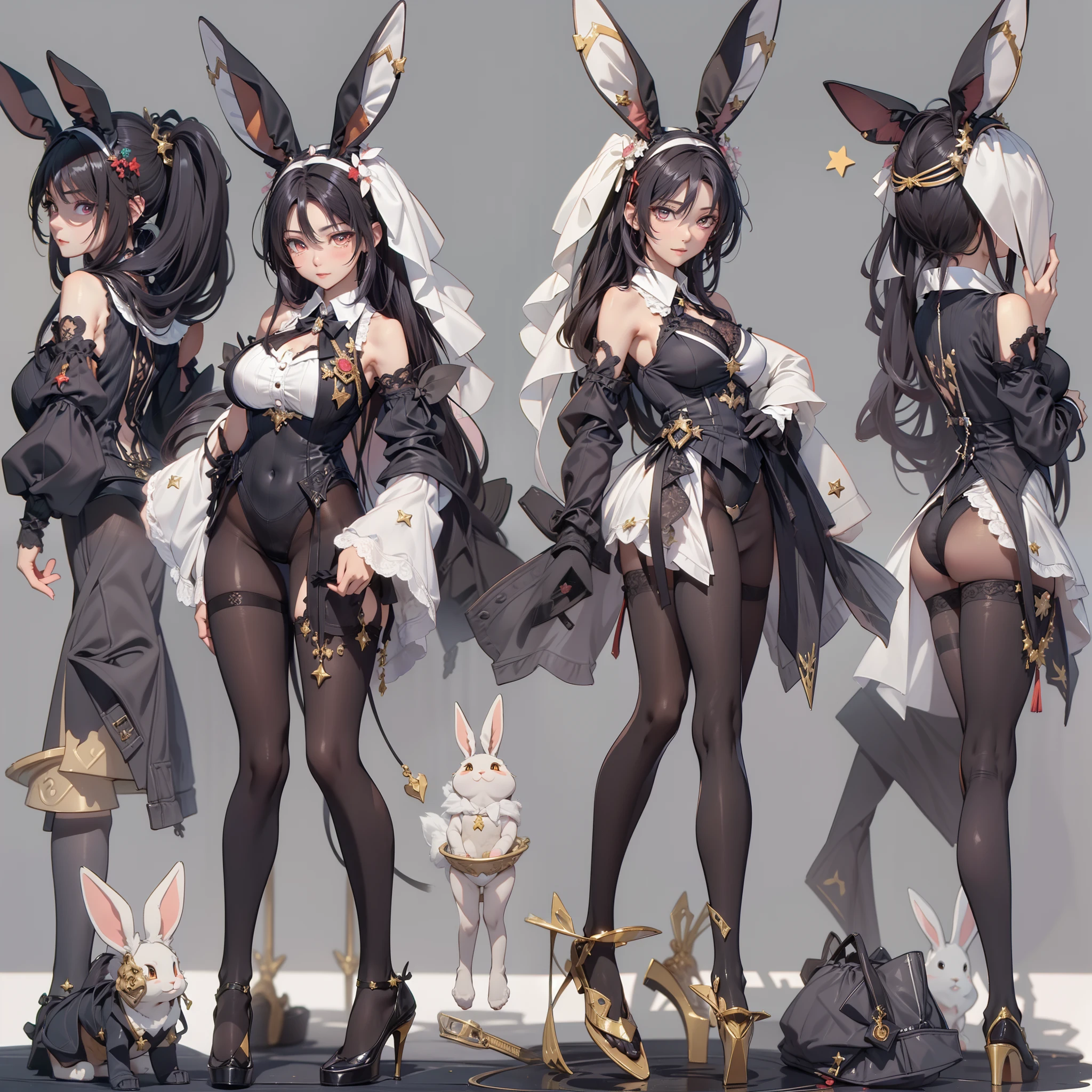 Masterpiece, Highest quality, Detailed face, CharacterDesignSheet，perfectly proportions，full bodyesbian，Full of details, Multiple poses and expressions, Highly detailed,  beautiful goddess woman，black in color，Wear a rabbit outfit，Star decoration，Lace，lacepantyhose, High Balance,Natural light