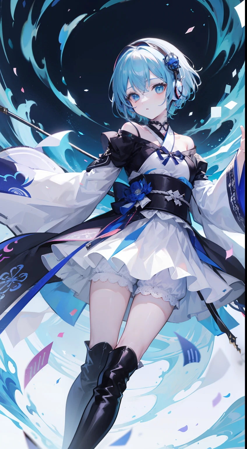 short-hair、gotik、Japanese Lolita、Hold the sword、Confetti、head phone、hotpants、Blue Flame、A picture that can be seen in its entirety　Black boots　Front-facing composition