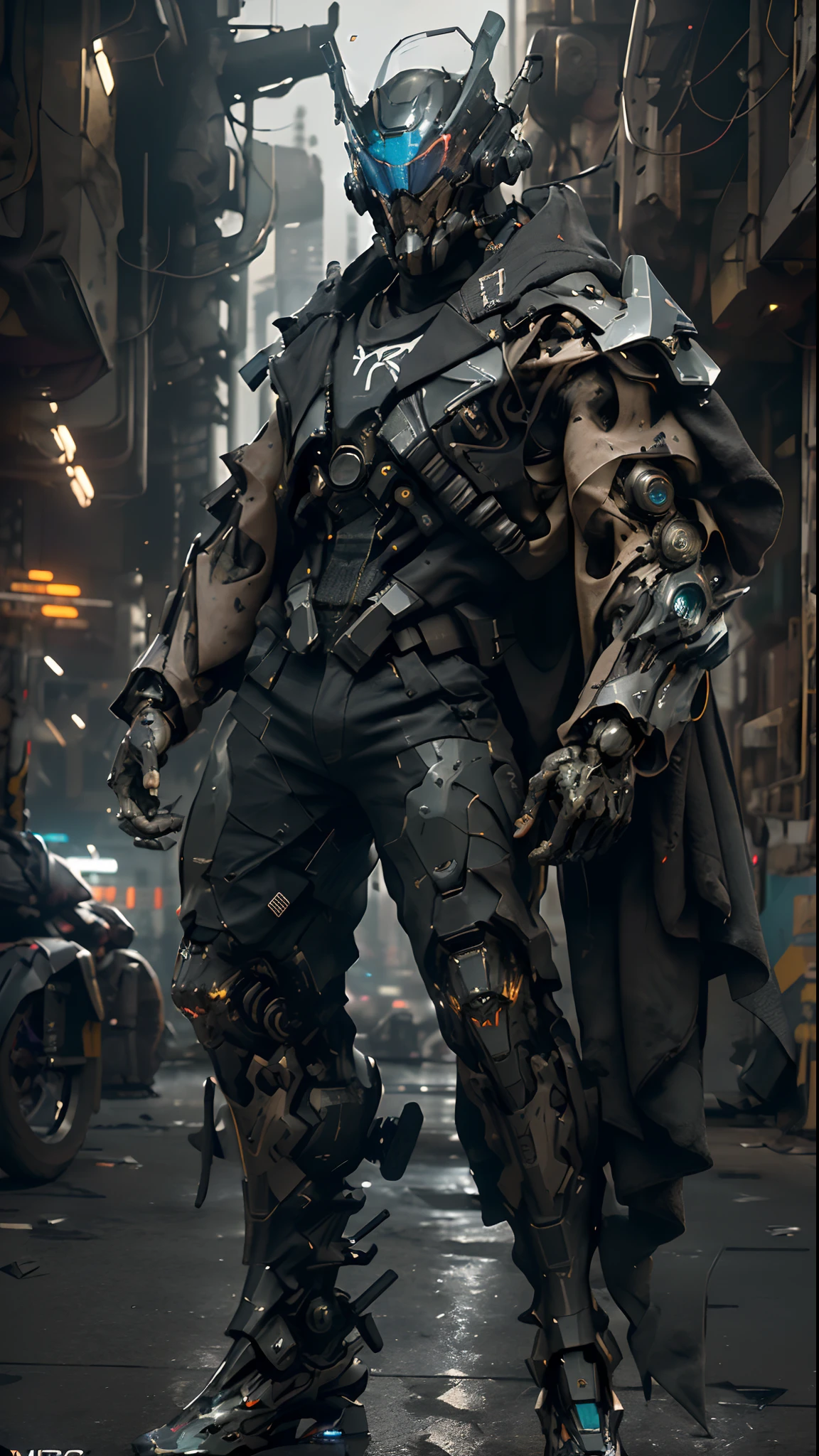 a cinematic action shot of a cyberpunk muscled special forces cyborg, helmet with holographic optics, dark dystopian science fiction aesthetic, dystopian city in background, at night, dynamic angle, cinematic lighting, highly detailed, hyperrealistic, (full body:1.2)