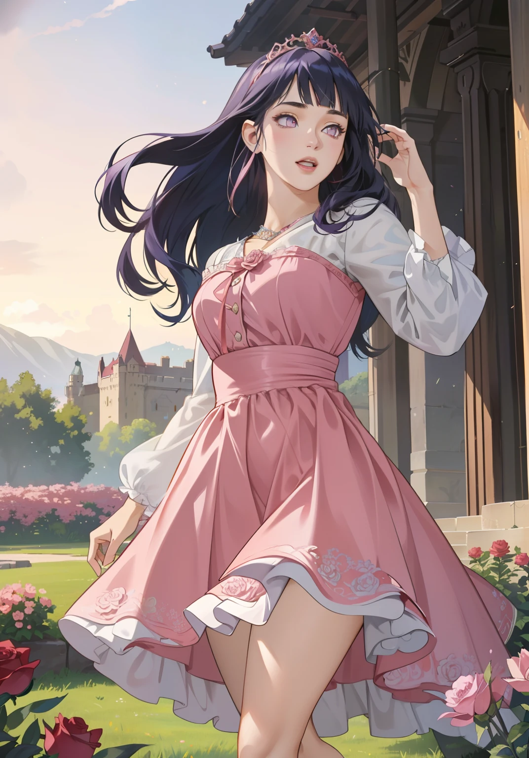 (auroraWaifu:1), surprised, beautiful pose, looking at the viewer, thick thighs, (long pink dress:1.2), (medium hair, tiara) :D, curvy, (holding a red rose:1),

(realistic: 1.2), (realism), (masterpiece: 1.2), (best quality), (ultra detailed), (8k, 4k, intricate), (full-body-shot: 1), (Cowboy-shot: 1.2), (85mm), light particles, lighting, (highly detailed: 1.2), (detailed face: 1.2), (gradients), sfw, colorful, (detailed eyes: 1.2),

(detailed landscape, garden, plants, castle: 1.2), (detailed background), detailed landscape, (dynamic angle: 1.2), (dynamic pose: 1.2), (rule of third_composition: 1.3), (line of action: 1.2), wide shot, daylight, soil, Blunt Bangs, purple eyes,dark blue hair