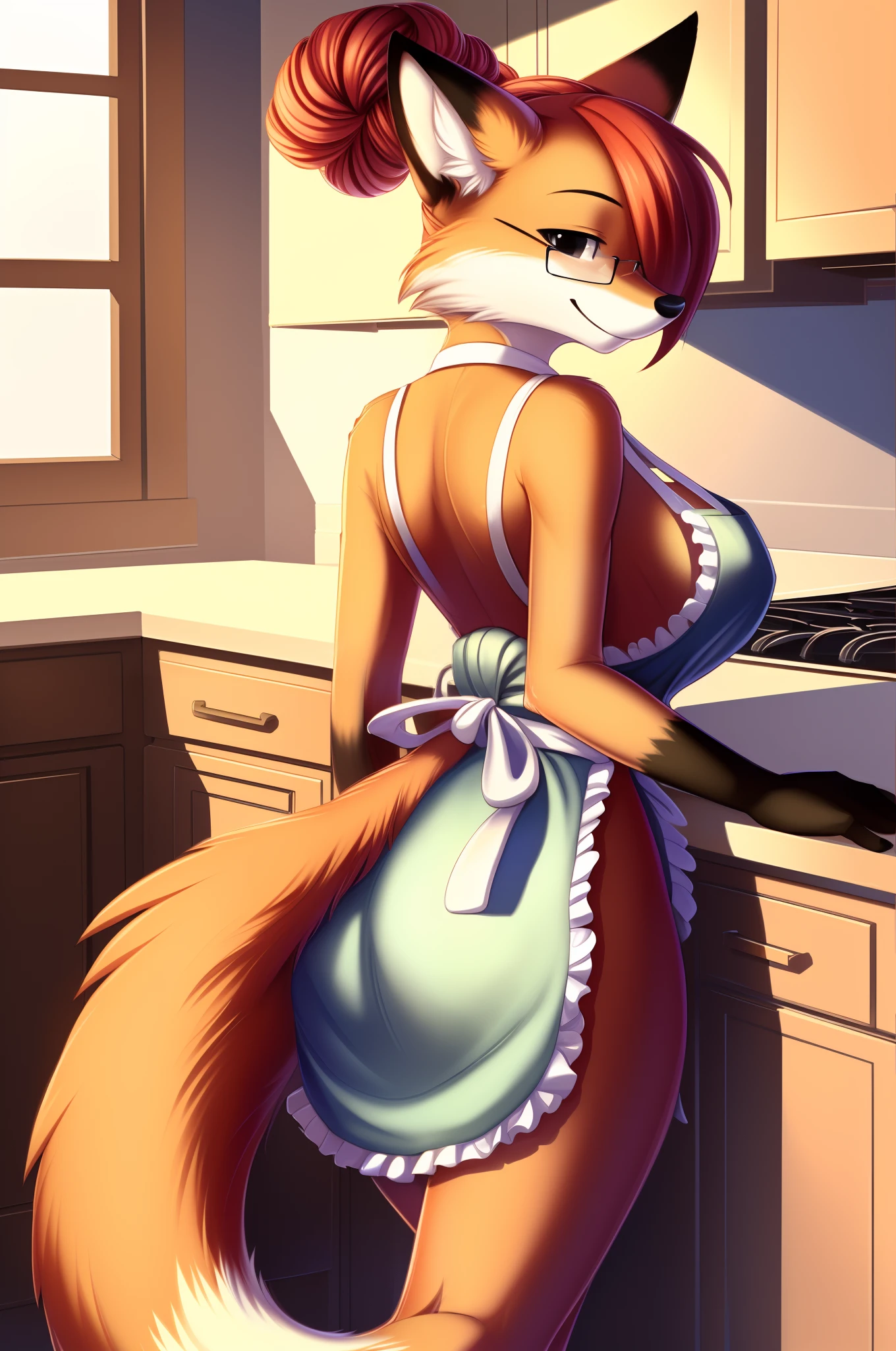 auntie Vixen, fox girl, big chest, day, sexy, sensual, detailed, uploaded to e621, beautiful and detailed portrait of an anthropomorphic vixen ((woman))) Chochi, uploaded to e621, film lighting, kitchen, apron, back, butt, seductive look, sexy, sensual, buttock, tail in correct position, Red fur, red hair, Hair over one eye, Black eyes, 1girl, solo, best quality, by chochi, auntie vixen, red fur, red hair, hair bun, glasses, black ear tips, single tail, properly positioned tail, black furred hands and legs,