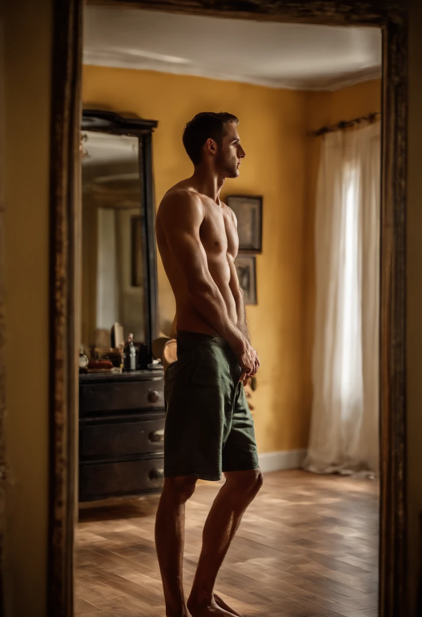Skinny shirtless man in front of mirror in a room Daytime lighting, sombras detalhadas, HDR, Fotoreal, arte digital, bem iluminado