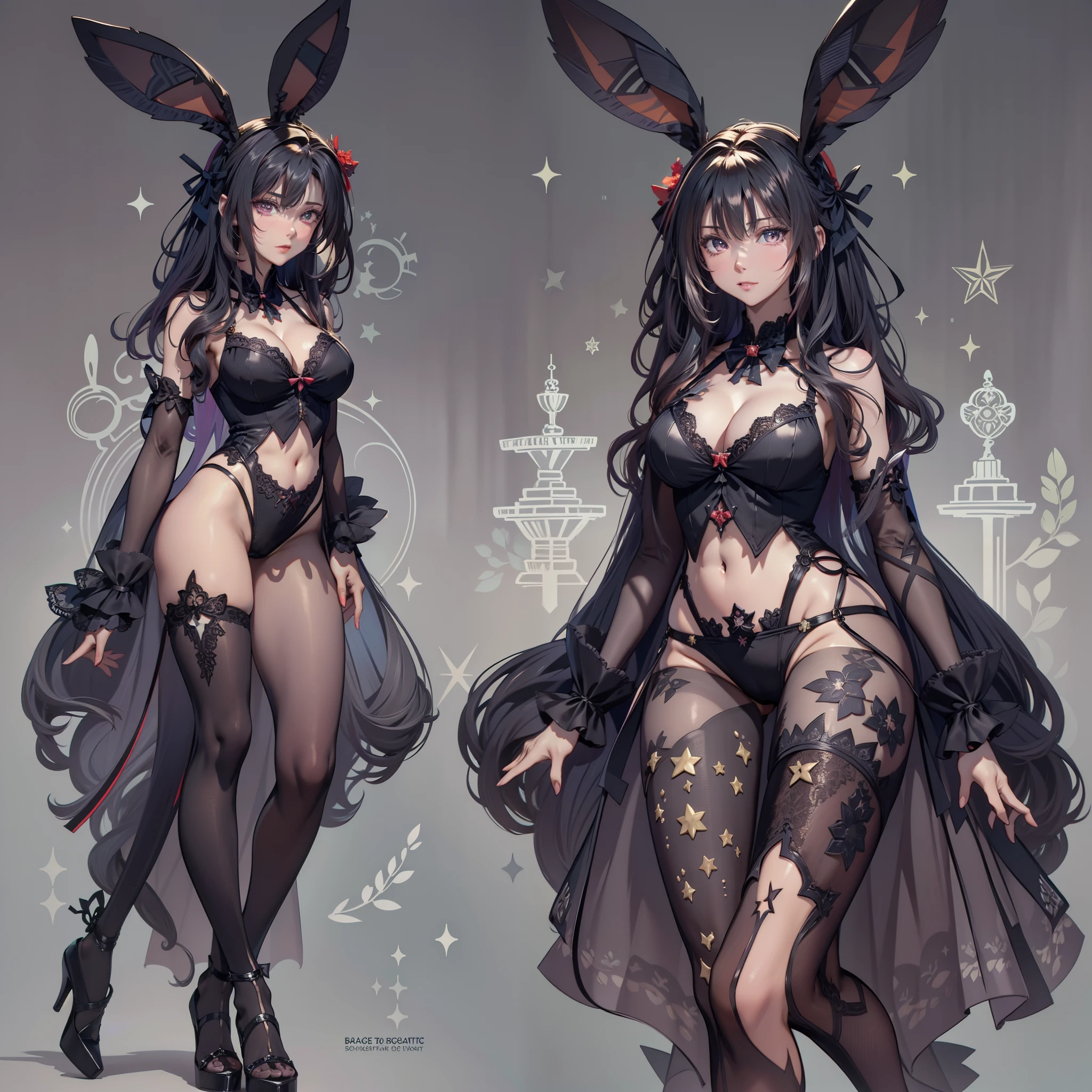 Masterpiece, Highest quality, Detailed face, CharacterDesignSheet，perfectly proportions，full bodyesbian，Full of details, Multiple poses and expressions, Highly detailed,  beautiful goddess woman，black in color，Wear a rabbit outfit，Star decoration，Lace，lacepantyhose, High Balance,Natural light
