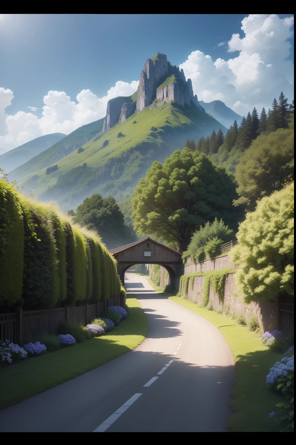 (ultra high res,photorealistic,best quality,photo-realistic),(8k,raw photo,best quality,masterplece),(photon mapping,radiosity,physically-based rendering,automatic white balance),real person,photograph,bridge, building, bush, city, cloud, day, door, fence, field,orest, garden, grass, house, hydrangea, mountain, nature, no_humans, outdoors, path, plant, potted_plant, purple_flower, road, scenery, sky, skyscraper, traditional_media, tree,