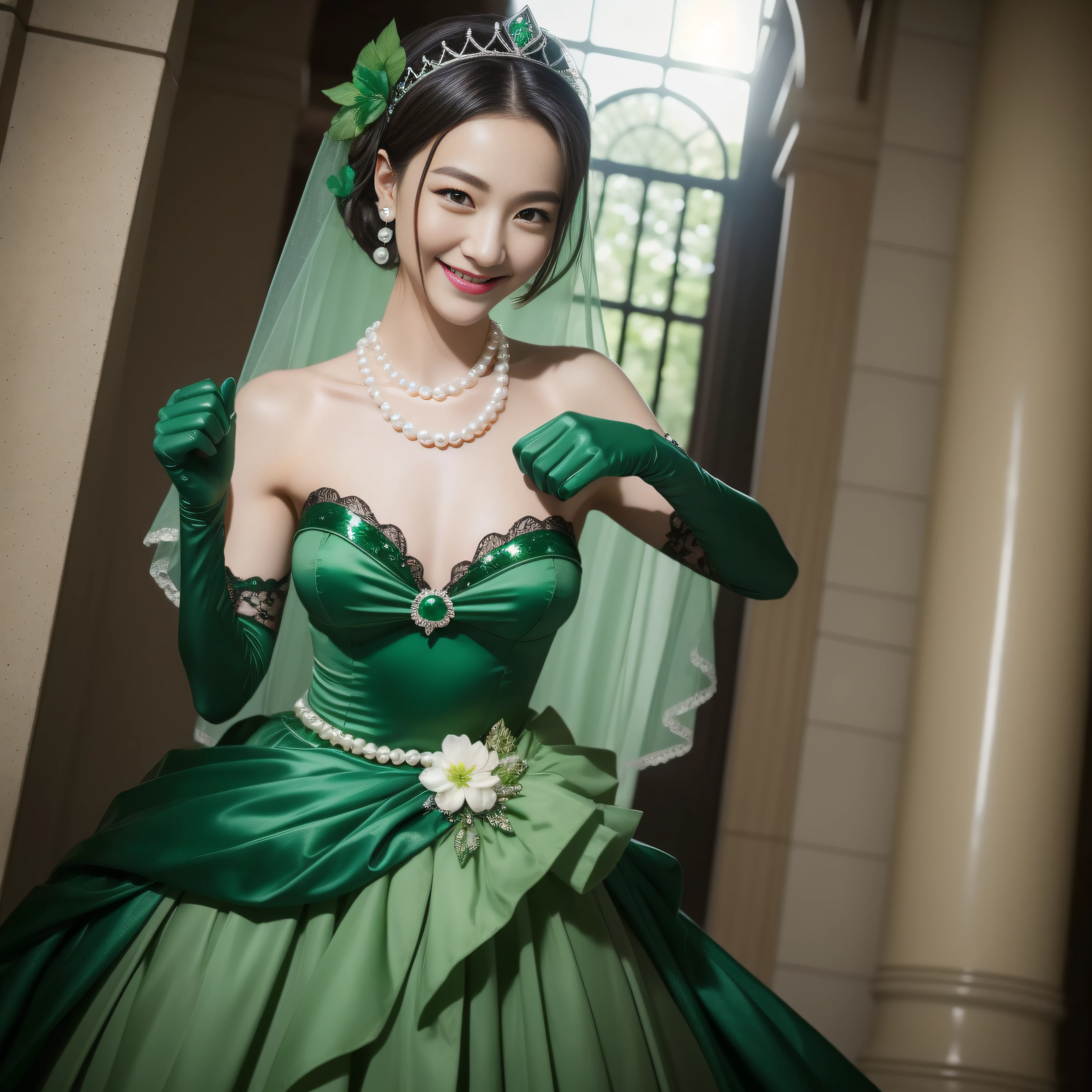 boyish very short hair, lipsticks, Japan woman smiling, Green Long Grove, emerald tiara, Pearl Necklace