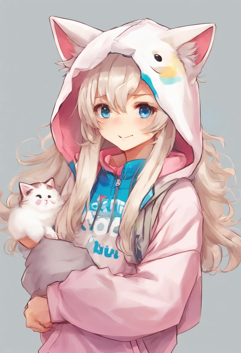 adult Male neko wearing a soft cute outfit, has bright blue eyes and long white hair, wearing black hoodie