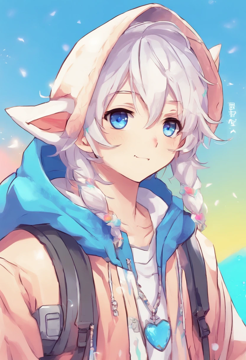 adult Male neko wearing a soft cute outfit, has bright blue eyes and long white hair, wearing black hoodie