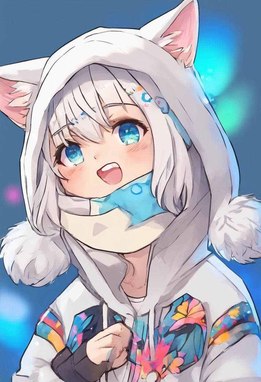 adult Male neko wearing a soft cute outfit, has bright blue eyes and long white hair, wearing black hoodie