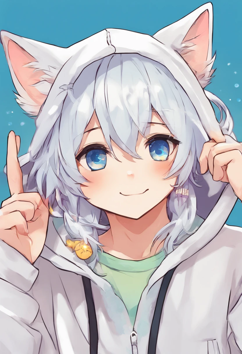 adult Male neko wearing a soft cute outfit, has bright blue eyes and long white hair, wearing black hoodie