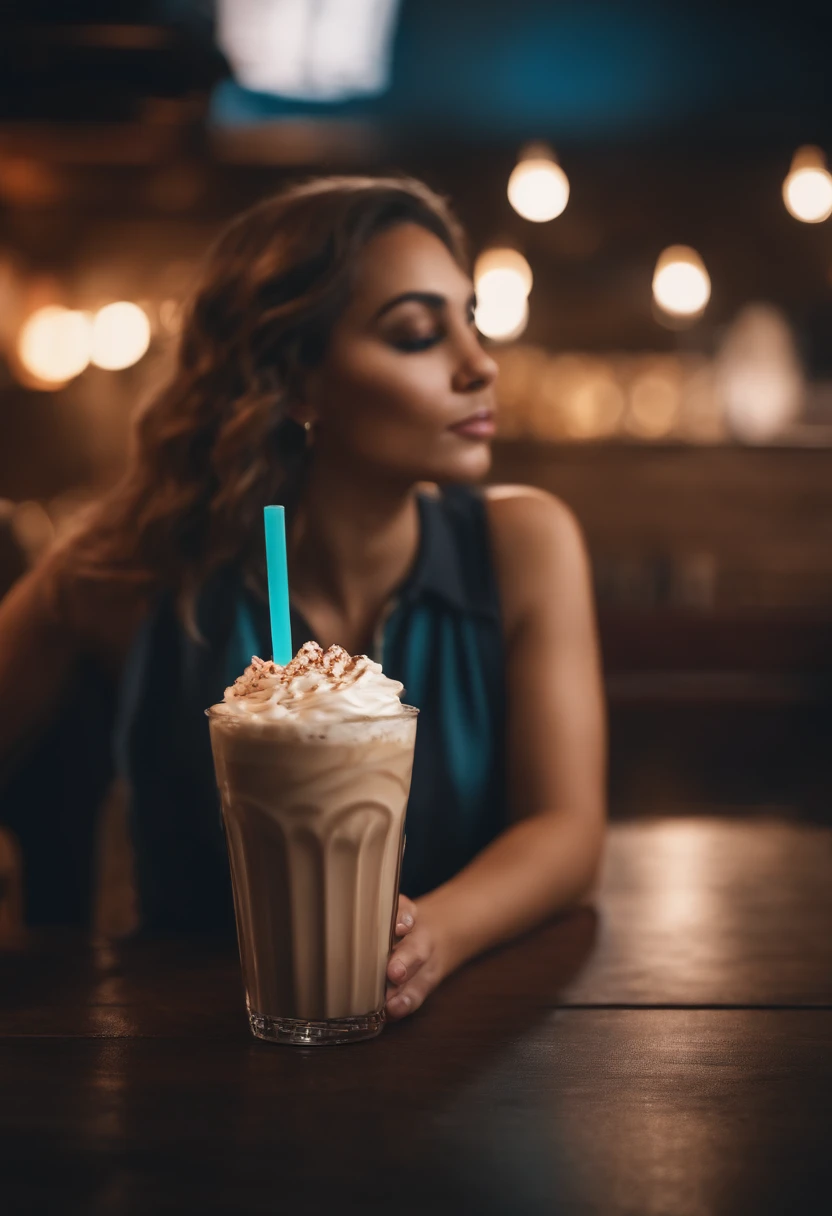 person drinking milkshake, imagem 8k, perfil, realistic, Unreal 5, colerful, altamente detalhado