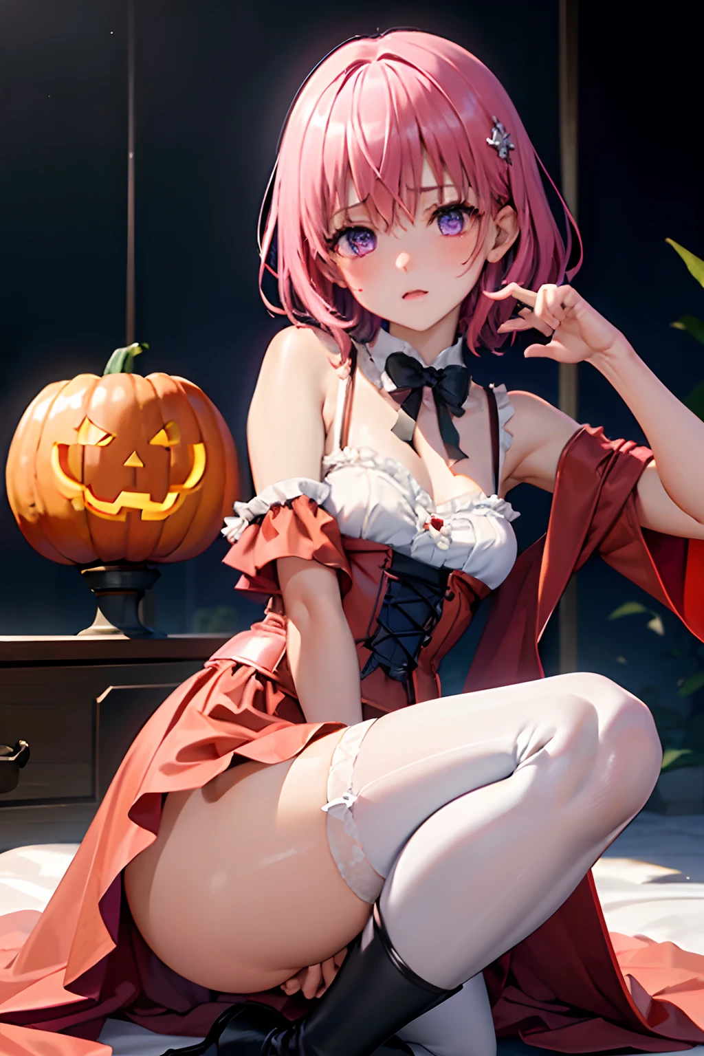 (top-quality:1.1), (masterpiece:1.4), (absurderes:1.0), portlate, a closeup,
1girl in、Momovelia Deviluk、hair adornments、bob cuts、Shorthair pink hair、a purple eye、Medium chest、((White blouses))、looking at the viewers、Bedroom、(red blush:1.2)、embarassed expression、(((white knee highs)))、black backgrounds、((corsets))、((Opening legs))、long boots、Pumpkin Lantern、fullmoon、(a miniskirt)、(red robes)、((Red Hood))