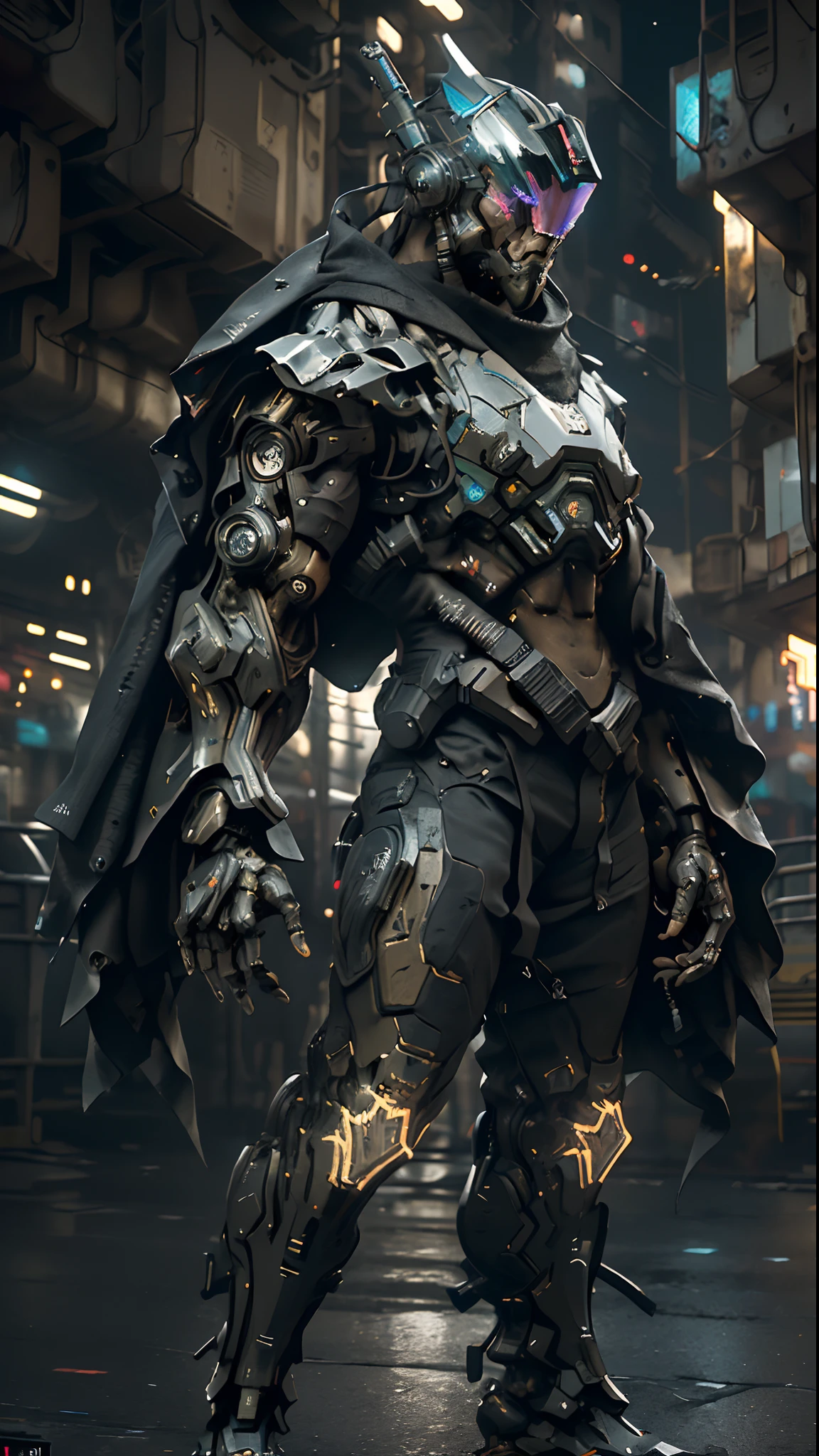 a cinematic action shot of a cyberpunk muscled special forces cyborg, helmet with holographic optics, dark dystopian science fiction aesthetic, dystopian city in background, at night, dynamic angle, cinematic lighting, highly detailed, hyperrealistic, (full body:1.2)