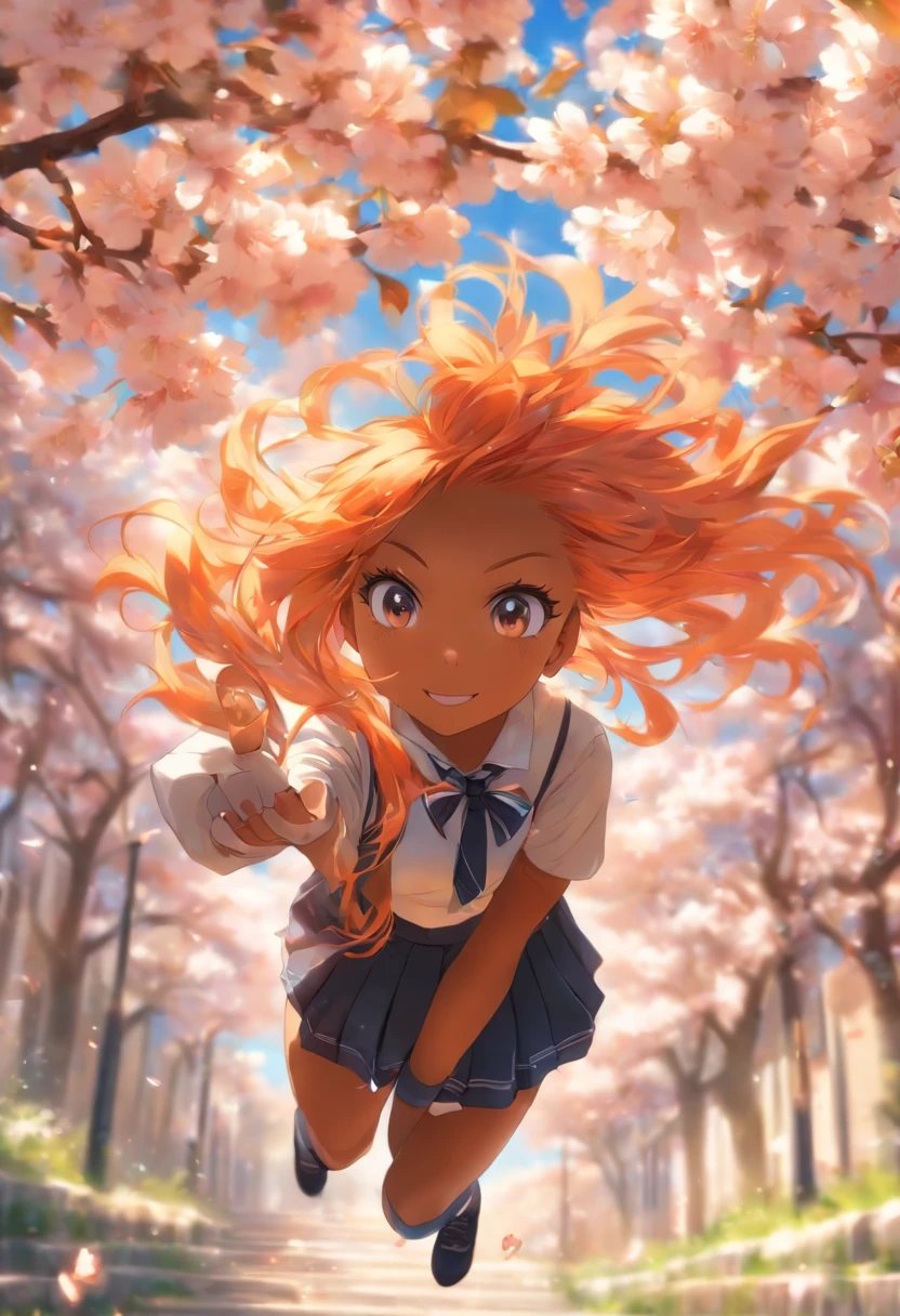 The most beautiful and gorgeous school girl, orange hair, blue eyes, dark skin, wearing school uniform and knee high socks, tattoos and piercings, cherry blossoms blowing in the wind, school campus, perfect masterpiece, high quality, high resolution