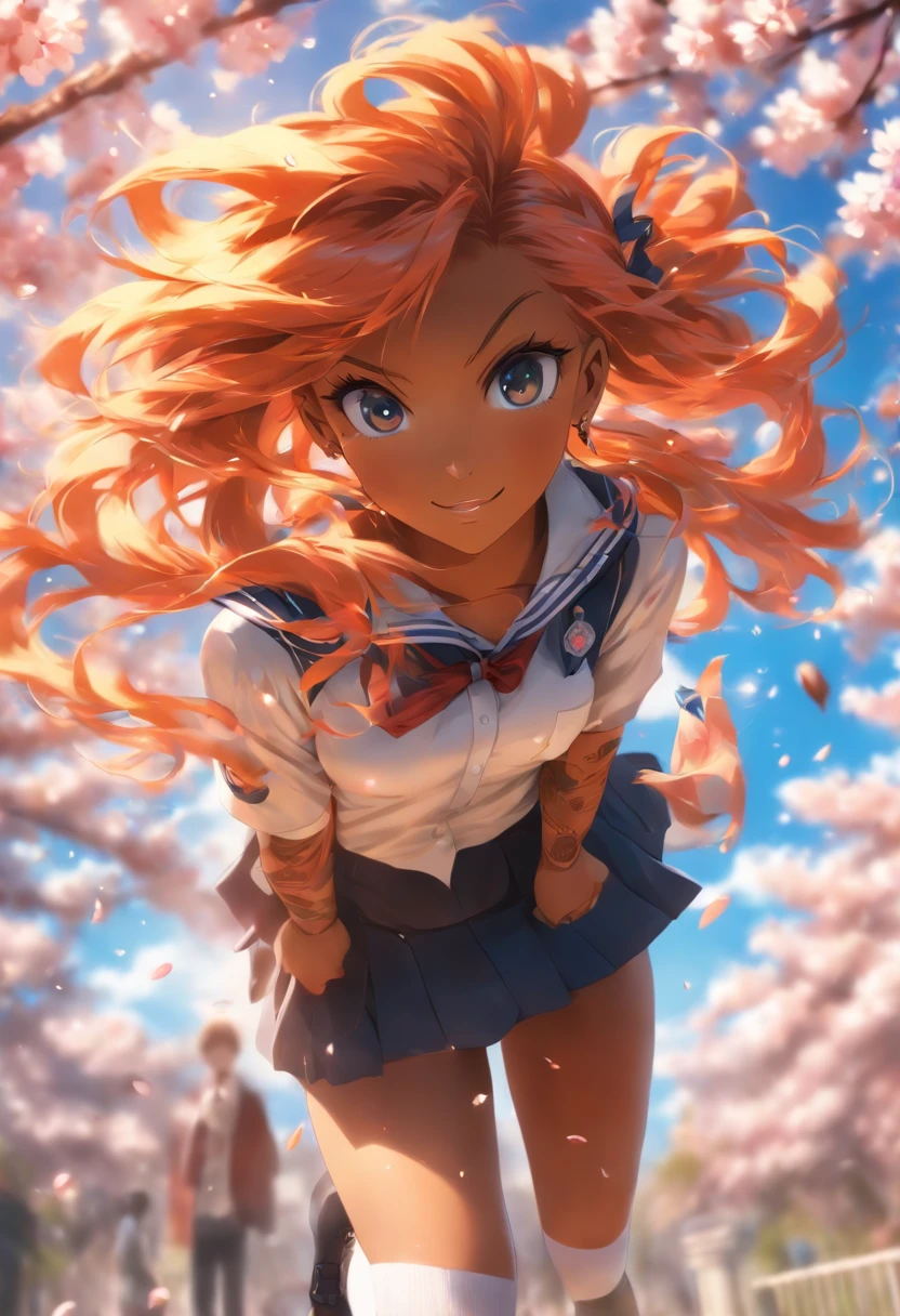 The most beautiful and gorgeous school girl, orange hair, blue eyes, dark skin, wearing school uniform and knee high socks, tattoos and piercings, cherry blossoms blowing in the wind, school campus, perfect masterpiece, high quality, high resolution