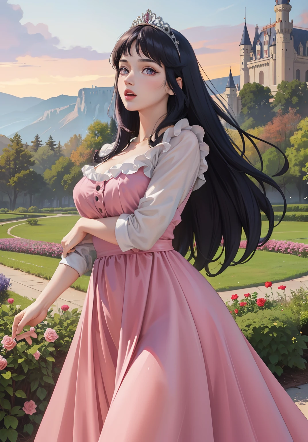 (auroraWaifu:1), surprised, beautiful pose, looking at the viewer, thick thighs, (long pink dress:1.2), (medium hair, tiara) :D, curvy, (holding a red rose:1),

(realistic: 1.2), (realism), (masterpiece: 1.2), (best quality), (ultra detailed), (8k, 4k, intricate), (full-body-shot: 1), (Cowboy-shot: 1.2), (85mm), light particles, lighting, (highly detailed: 1.2), (detailed face: 1.2), (gradients), sfw, colorful, (detailed eyes: 1.2),

(detailed landscape, garden, plants, castle: 1.2), (detailed background), detailed landscape, (dynamic angle: 1.2), (dynamic pose: 1.2), (rule of third_composition: 1.3), (line of action: 1.2), wide shot, daylight, soil, Blunt Bangs, purple eyes,dark blue hair