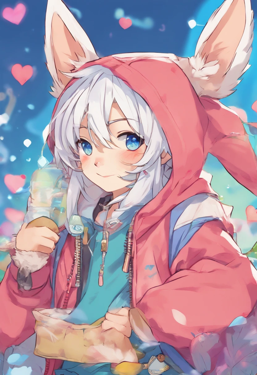 adult Male neko wearing a soft cute outfit, has bright blue eyes and long white hair, wearing black hoodie