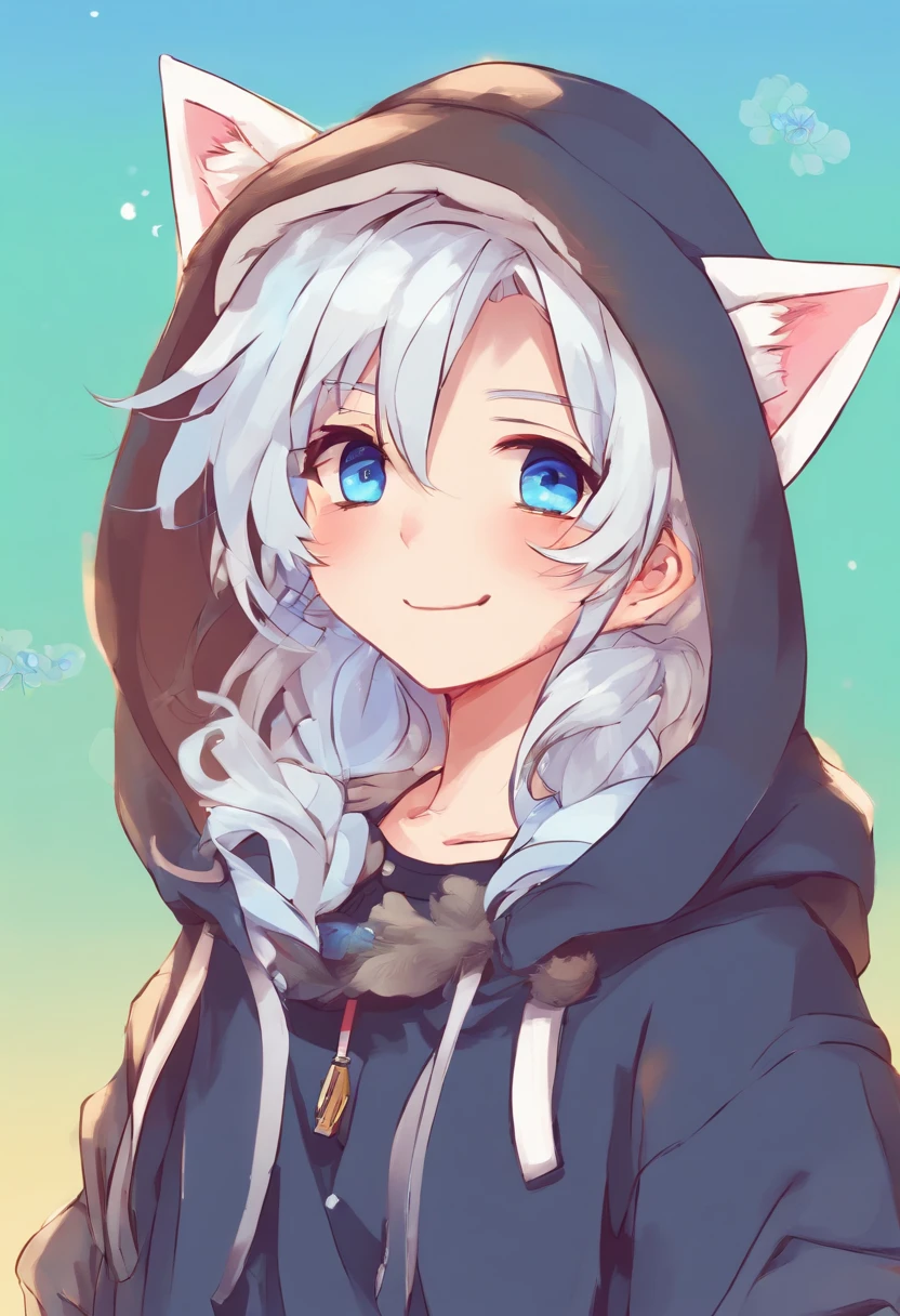 adult Male neko wearing a soft cute outfit, has bright blue eyes and long white hair, wearing black hoodie