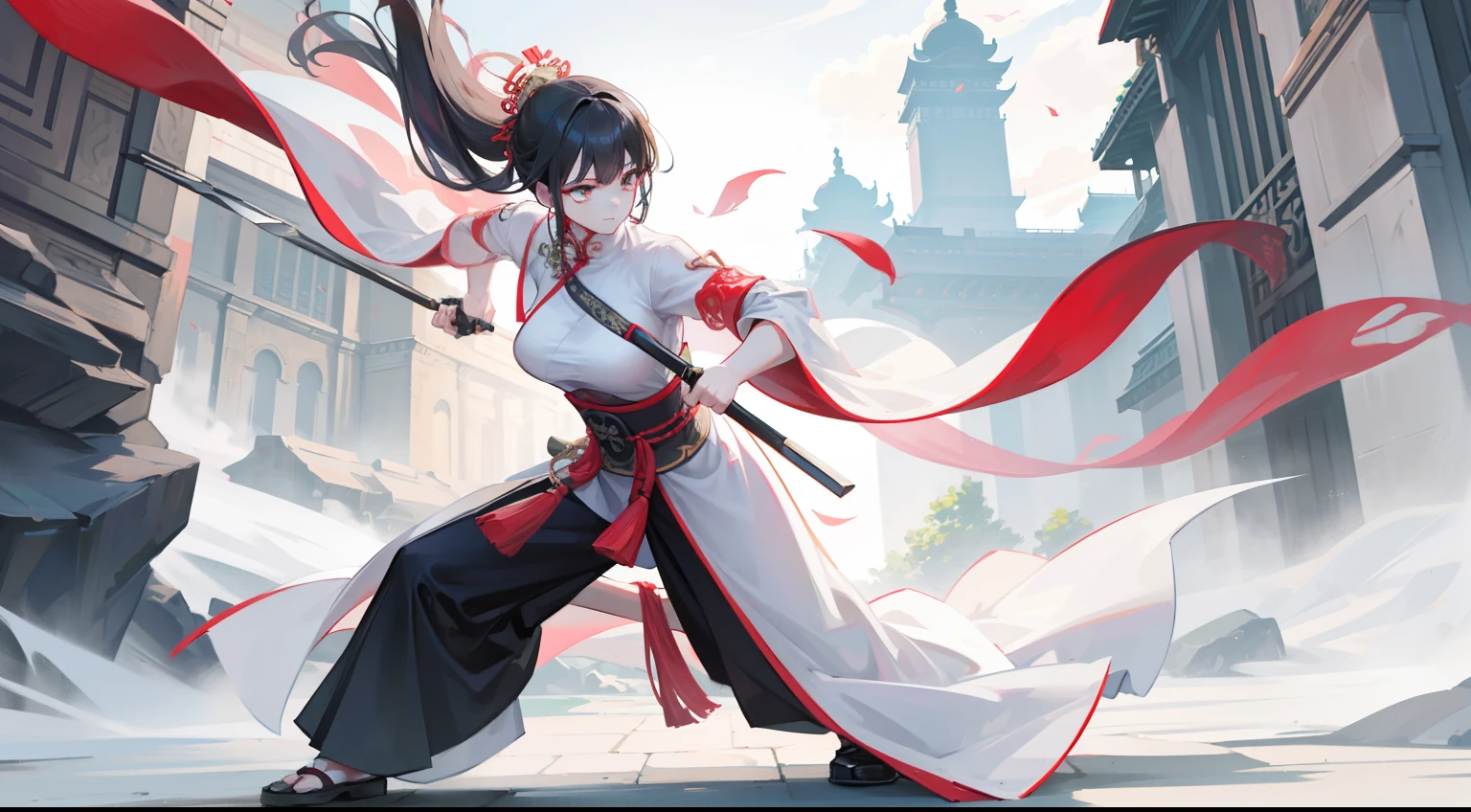 In front of a huge Chinese-style building,Image of a female swordsman holding a sword,Fitted white robe ,A bunch of black hair,green-eyed,front poses,style artgerm, Art germ on ArtStation Pixiv, Full body detail 4K,Dreamlike,and its detailed full-body detail 4K