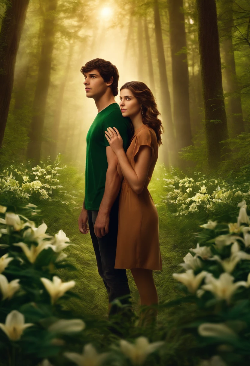 Percy jackson and girlfriend with wavy brown hair and green eyes, in a forest with lilies,  realistic