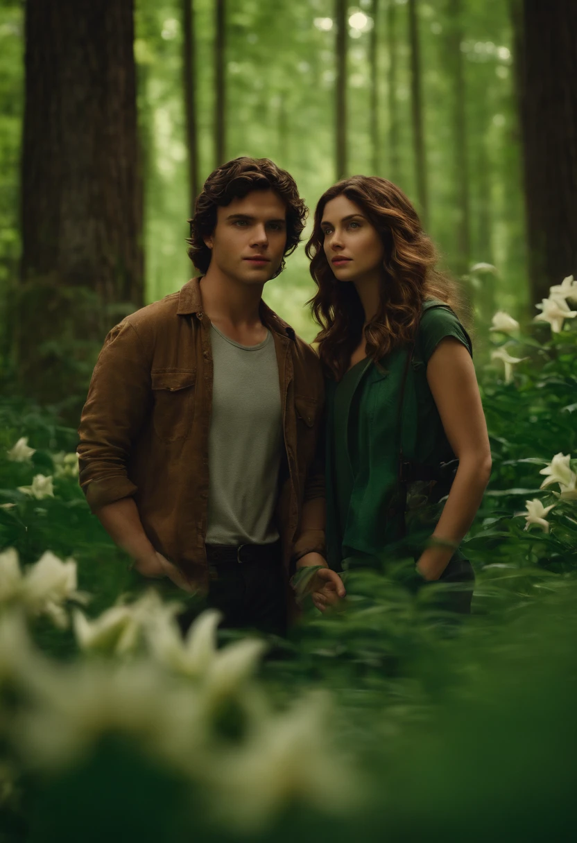 Percy jackson and girlfriend with wavy brown hair and green eyes, in a forest with lilies, realistic
