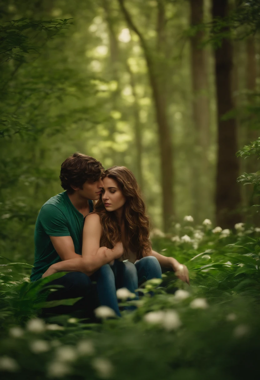 Percy jackson and girlfriend with wavy brown hair and green eyes, in a forest with lilies,  realistic