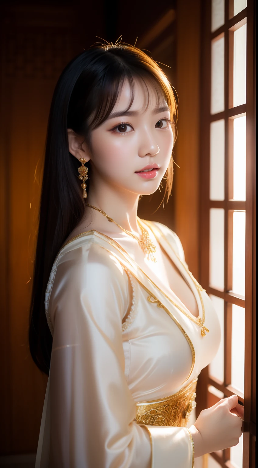realistic photos of 1 cute Korean star, straight hair, white skin, thin makeup, 32 inch breasts size, wearing Thai traditional costume, necklace, in Thai style house, upper body portrait, backlighting, UHD